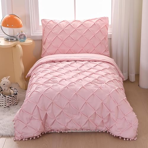 Miniatura 2 de Juego de ropa de cama de 4 piezas para niñas con diseño bohemio copetudo, color rosa claro, juego de edredón con pompones para niños pequeños,