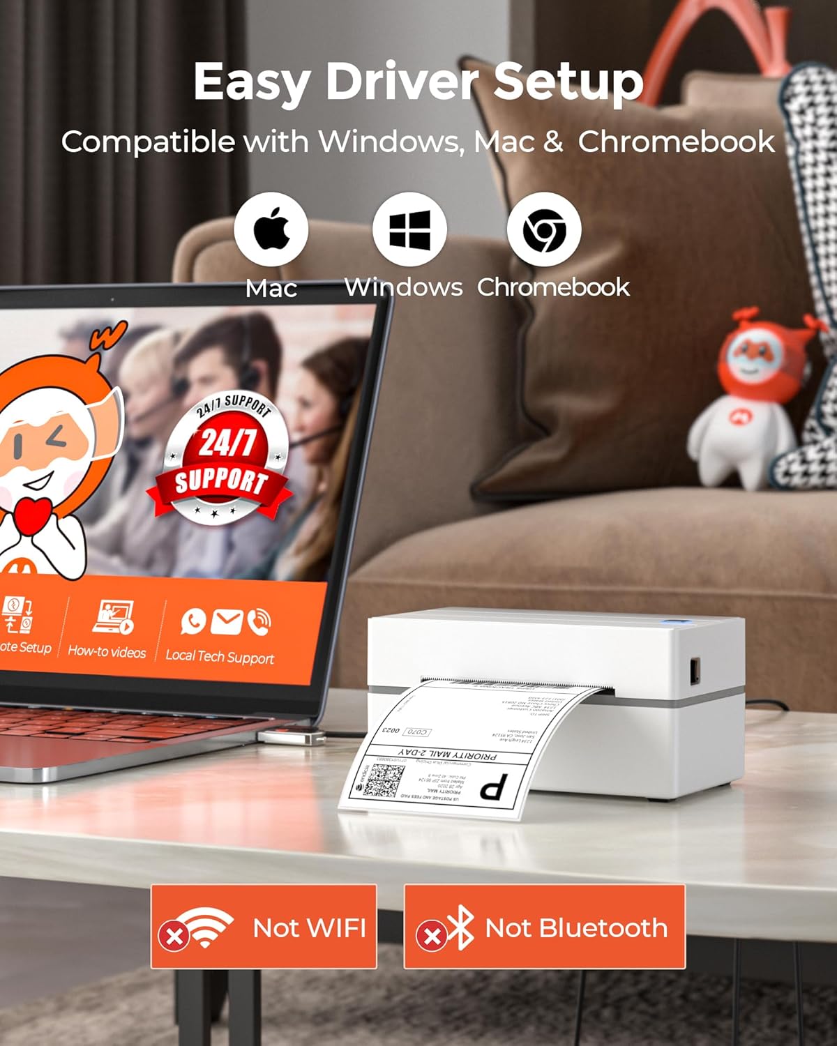 MUNBYN P130 printer connected to a laptop, illustrating easy driver setup for Windows, Mac, and Chromebook.