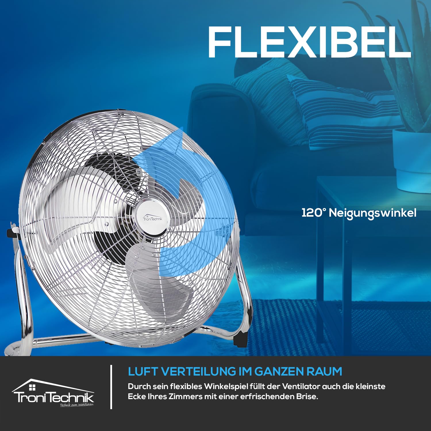 Tronitechnik® XL Windmaschine mit 45 cm Ø | Ventilator Verstellbarer Winkel | Bodenventilator 3 Stufen | Ventilator aus Metall | Luftkühler | Standlüfter | Raumkühler