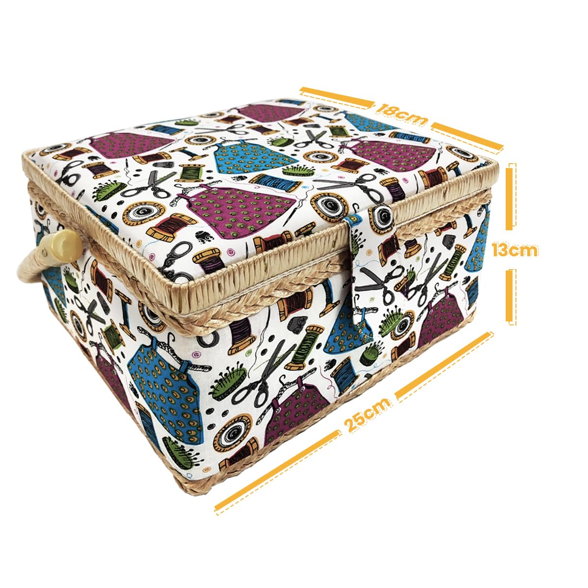 Medium Empty Wooden Sewing Box, Fabric Lined Sewing Box with 4 Compartments, Organizer with Pin, Storage Box with Handle, Accessory Tray, (Medium, Threads) - Image 4