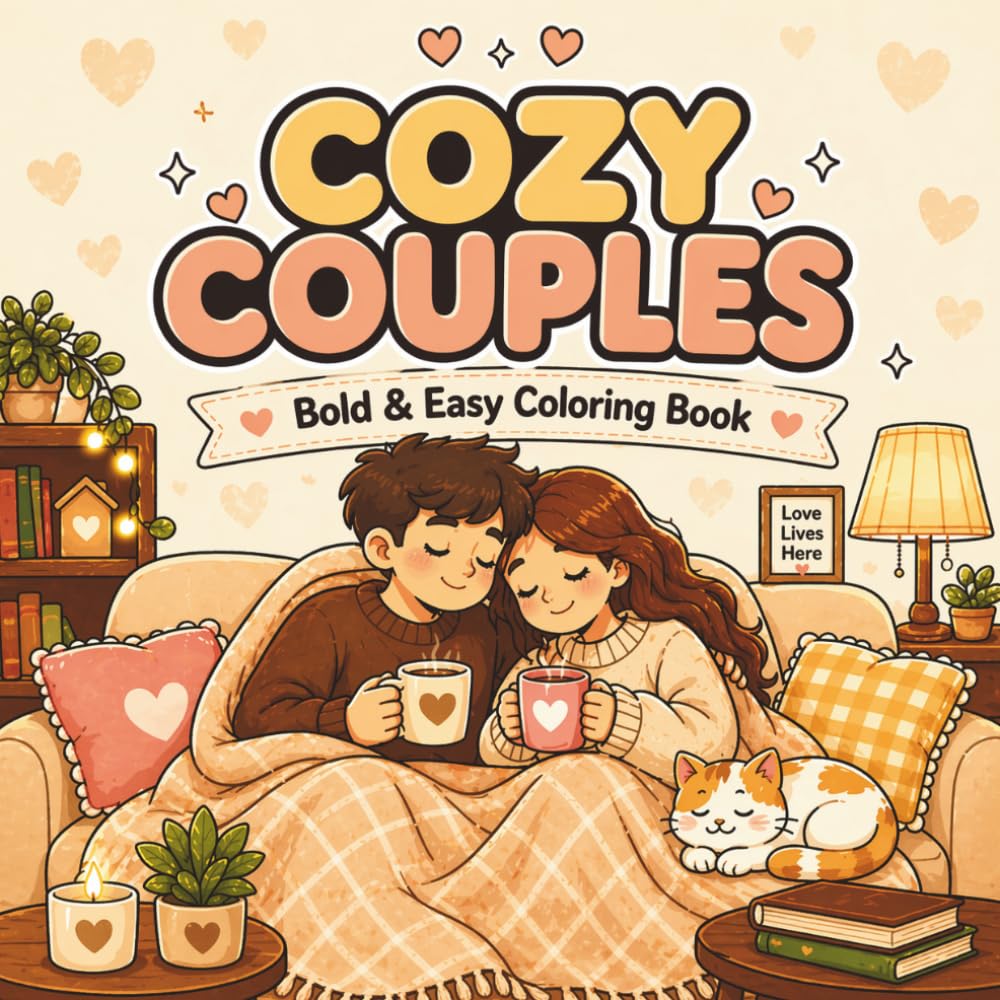 Cozy Couples Coloring Book: Bold And Easy Cute Romantic Pages For Adults And Teens, Relaxing Hygge Love Scenes For Stress Relief