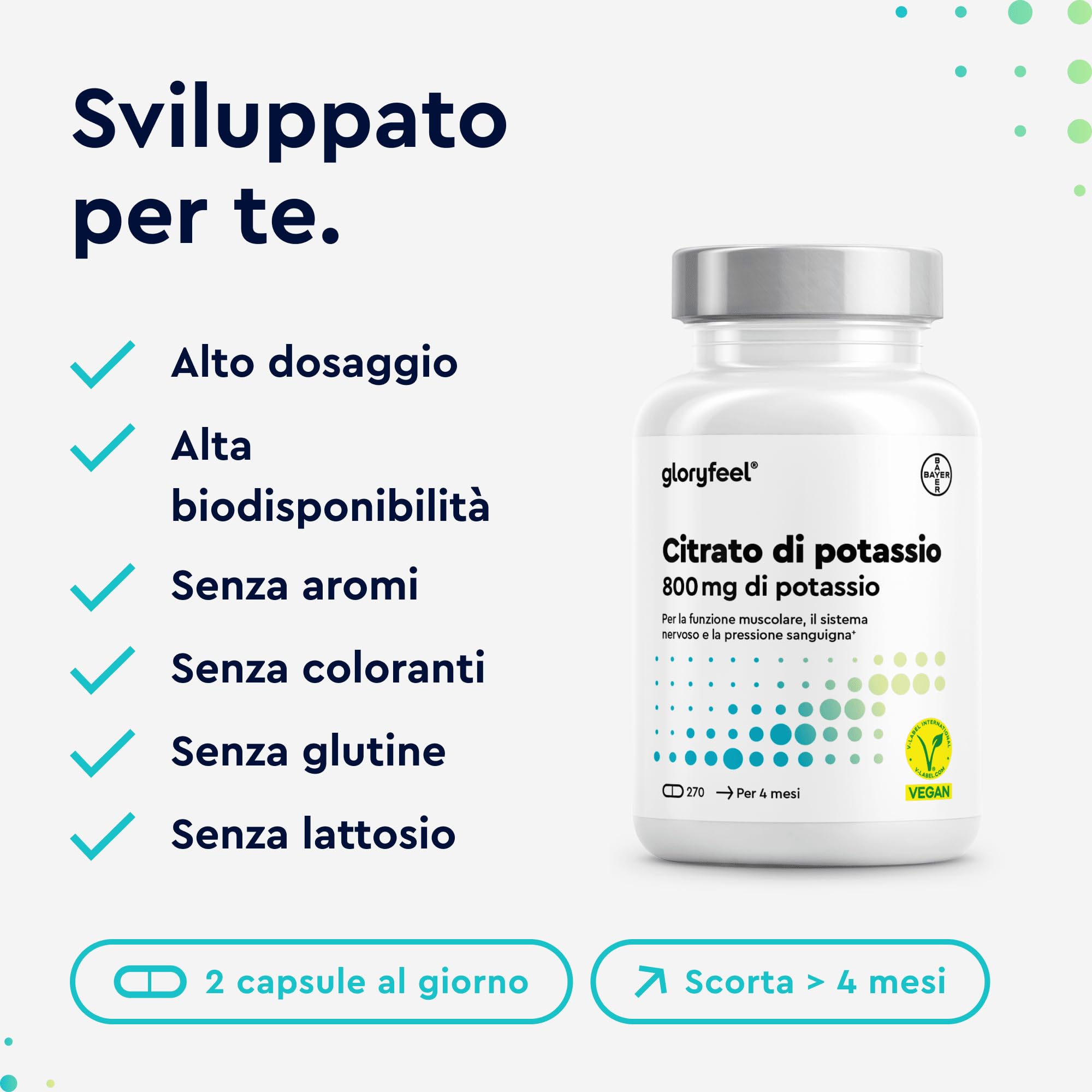 Potassio Integratore, 270 Capsule, Eletto PRODOTTO DELL'ANNO 2025, Vegano, 800mg Citrato di Potassio Puro, Scorta 4 Mesi, Supporto Muscoli Nervi e Pressione Sanguigna, Senza Additivi, 100% Vegan