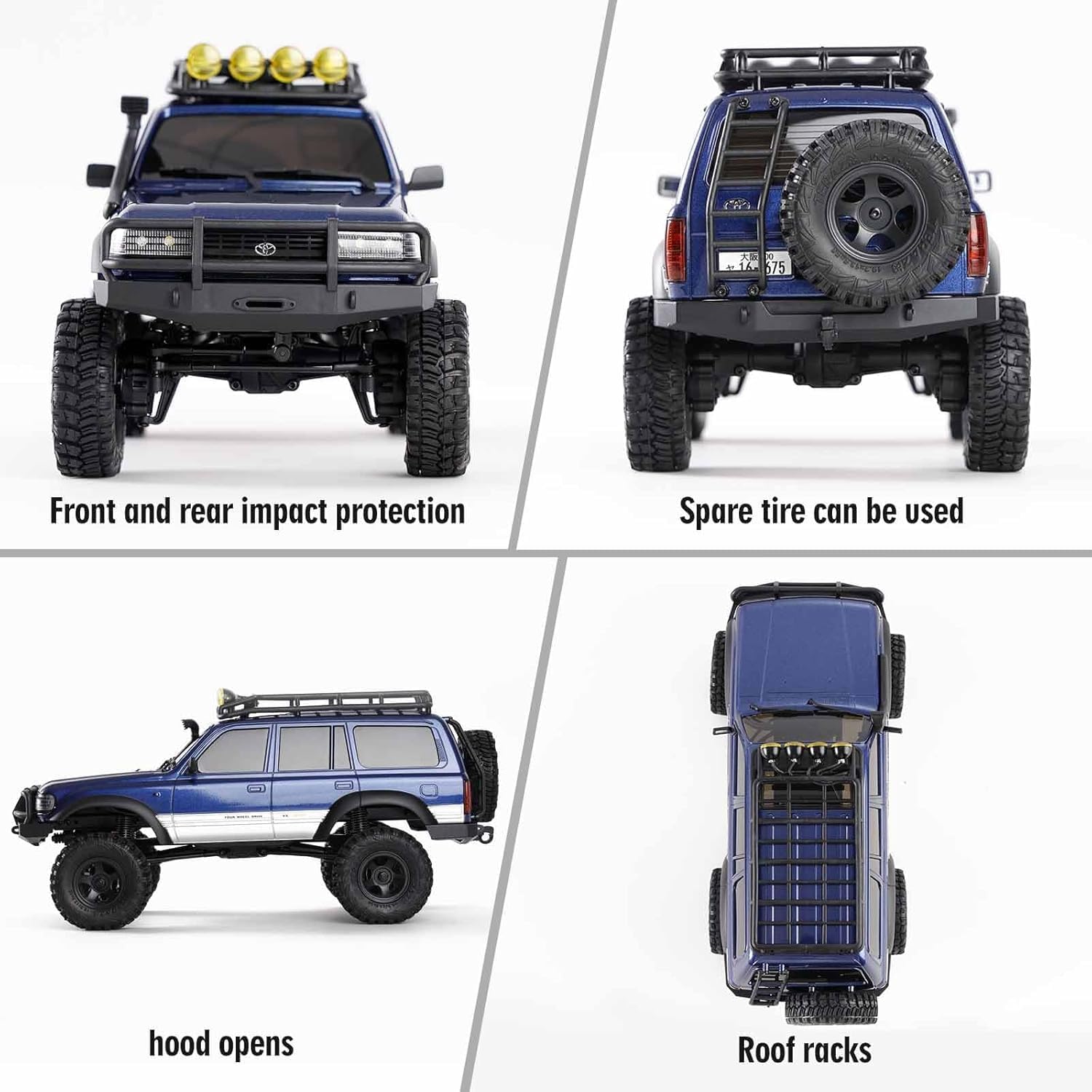 FCX18 FMS RC Crawler Toyota Cruiser 1/18 LC80 Offroad Trucks 4X4 RC Rock Crawler with Portal Axles, LED Lights for Adults (Blue)