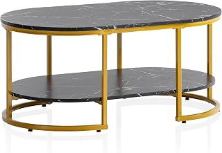 FineBuy Couchtisch 100x60x45 cm Marmor Optik, Design Wohnzimmertisch Rechteckig, Lounge Sofatisch mit Ablage, Kaffeetisch Modern mit goldenem Metallgestell Schwarz