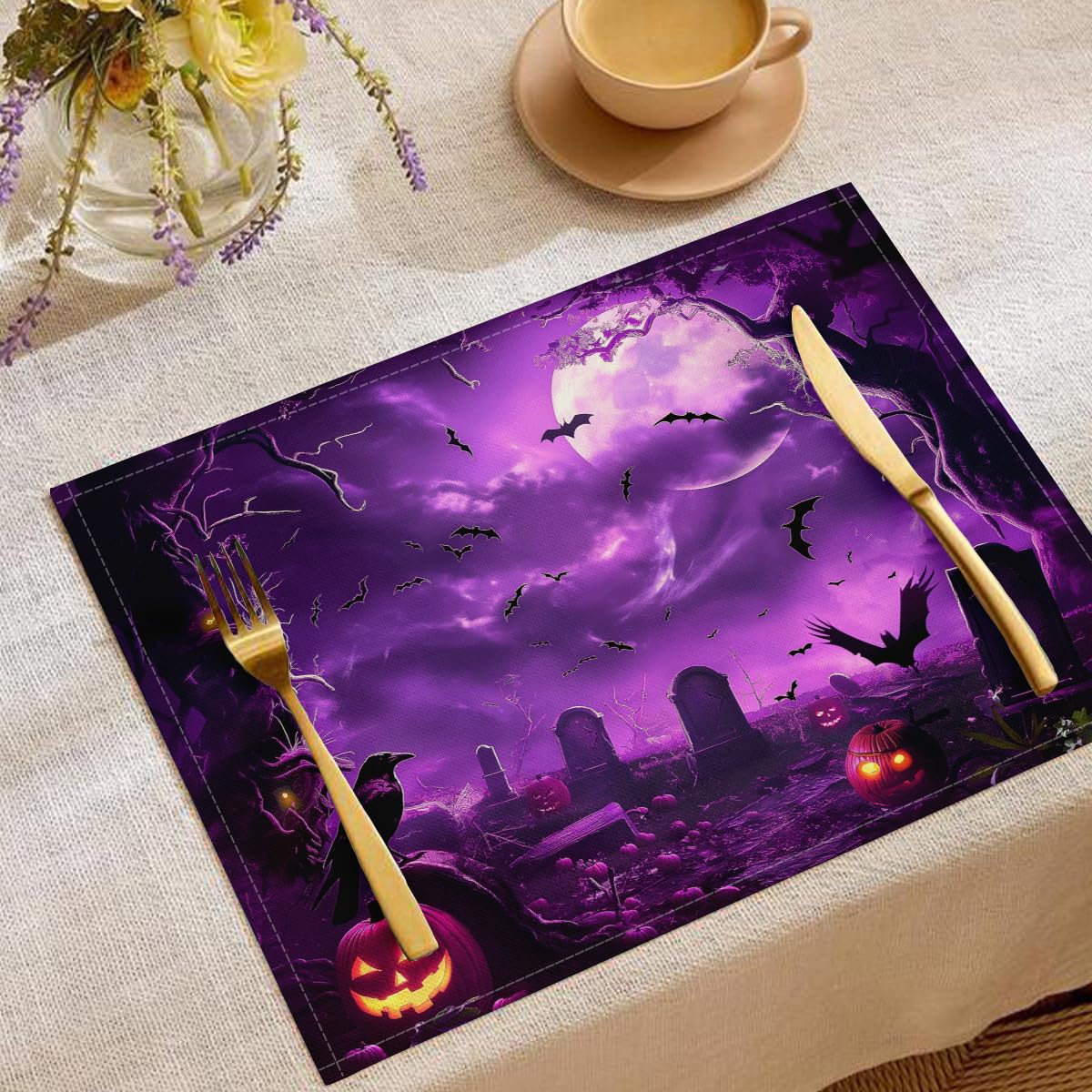 Sets de table lavables motif cimetière effrayant citrouille 30x45cm décoration de cuisine