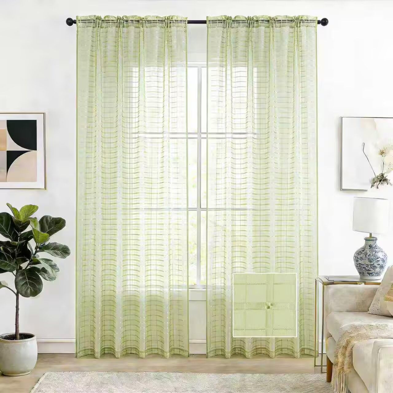 SpaceDresser Check Sheer Curtains 96 Inches 2 Panels Set, Rod Pocket Plaid Window Curtain for Living Room, Sage Green Semi Sheer Drapes for Kitchen Bedroom Children Room Yard(Sage Green, 52W x 96L) — image 1