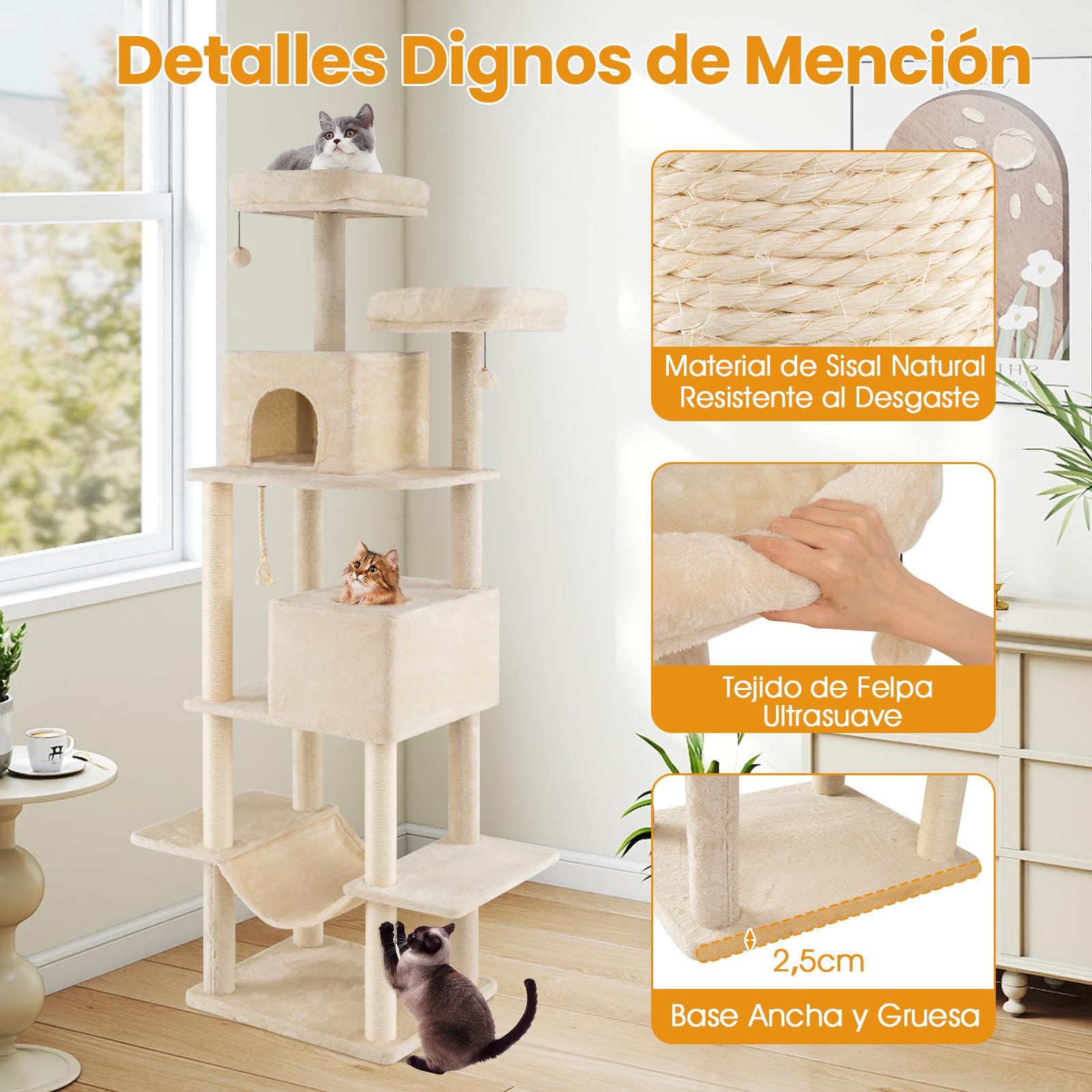 COSTWAY Árbol Rascador para Gatos de Varios Niveles, Torre de Escalada para Gatitos con 2 Condos, 2 Perchas de Terciopelo, Postes de Sisal y Cuerda, Juguetes Colgantes, Plataformas Múltiples,Beige