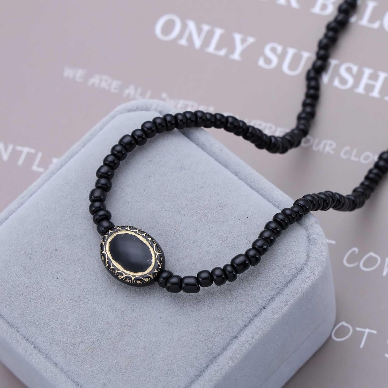 Boho Onyx Bead Choker Necklace Black Onyx Beads Necklace Vintage Oval Onyx Necklace Adjustable Beaded Strand Collar Necklace Jewelry for Women - Image 4