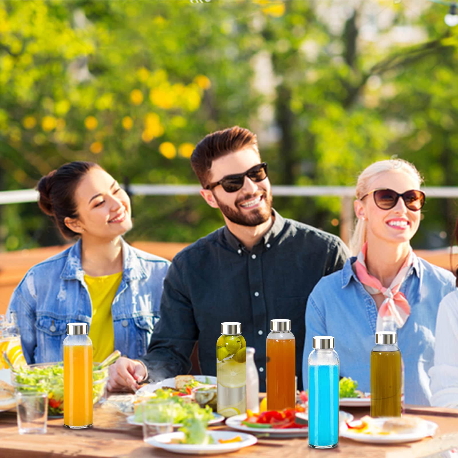 Sursip Juego de 6 botellas de agua de vidrio de 24 onzas, botella de jugo de vidrio transparente para exprimir, botellas reutilizables con tapa de acero inoxidable, recipientes de almacenamiento de