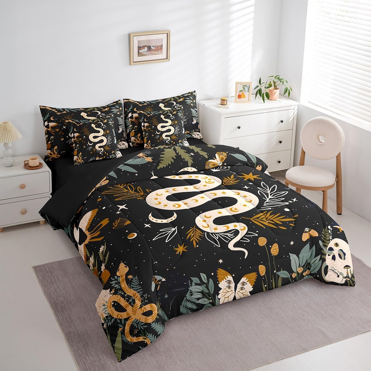 Erosebridal Boho Snake Comforter Set Full 7 Piece Galaxy Sun Moon Stars Bed in A Bag for Kids Adults,Gothic Butterfly Moth Skull Bedding Set Bohemian Animal Botanical Sheet Set with Comforter