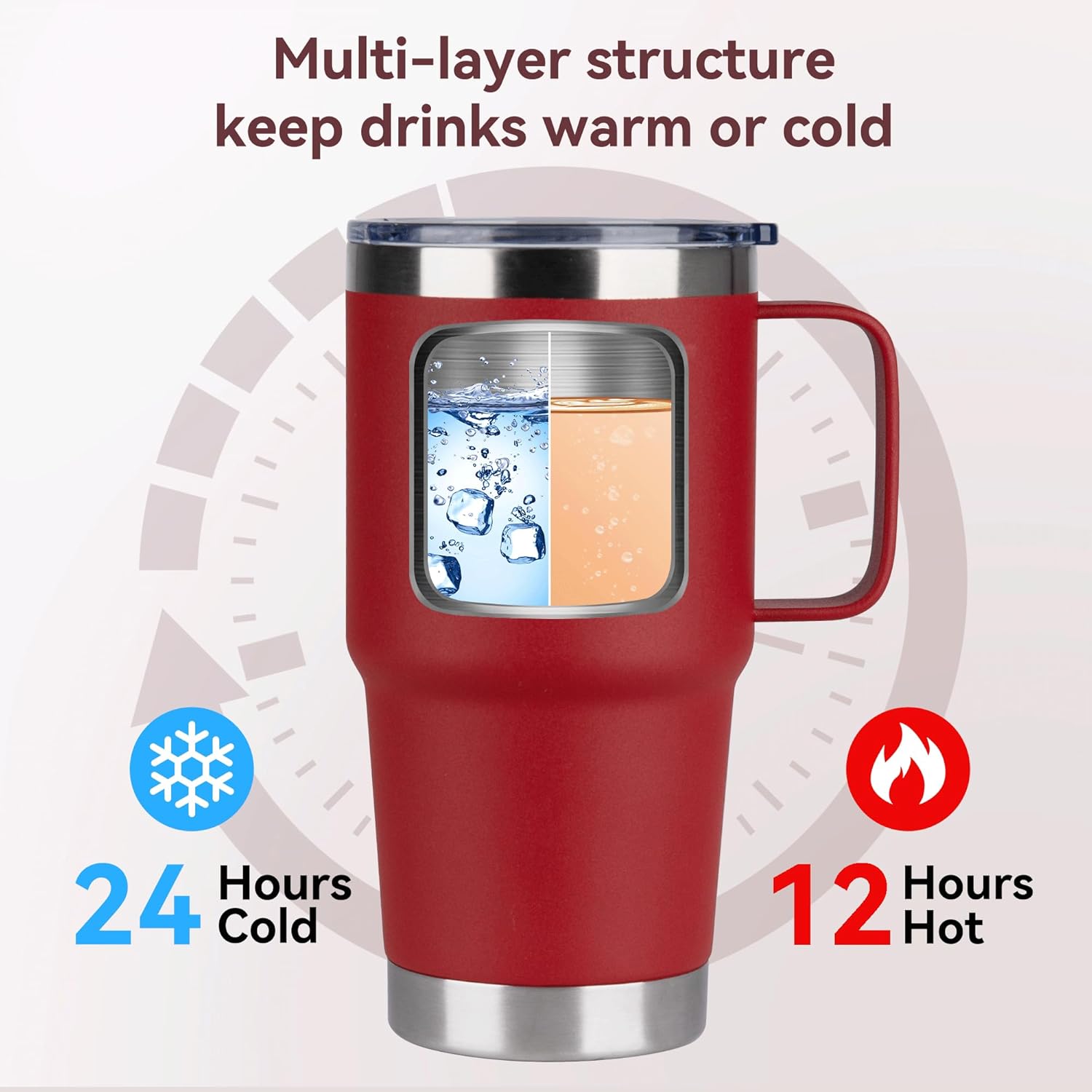 20oz Tumbler with Lid, Stainless Steel Tumbler with Handle, Metal Insulated Travel Coffee Mug with Handle, Double Wall Vacuum Spill Proof Tumbler Cup, Red 1 Pack - Image 3