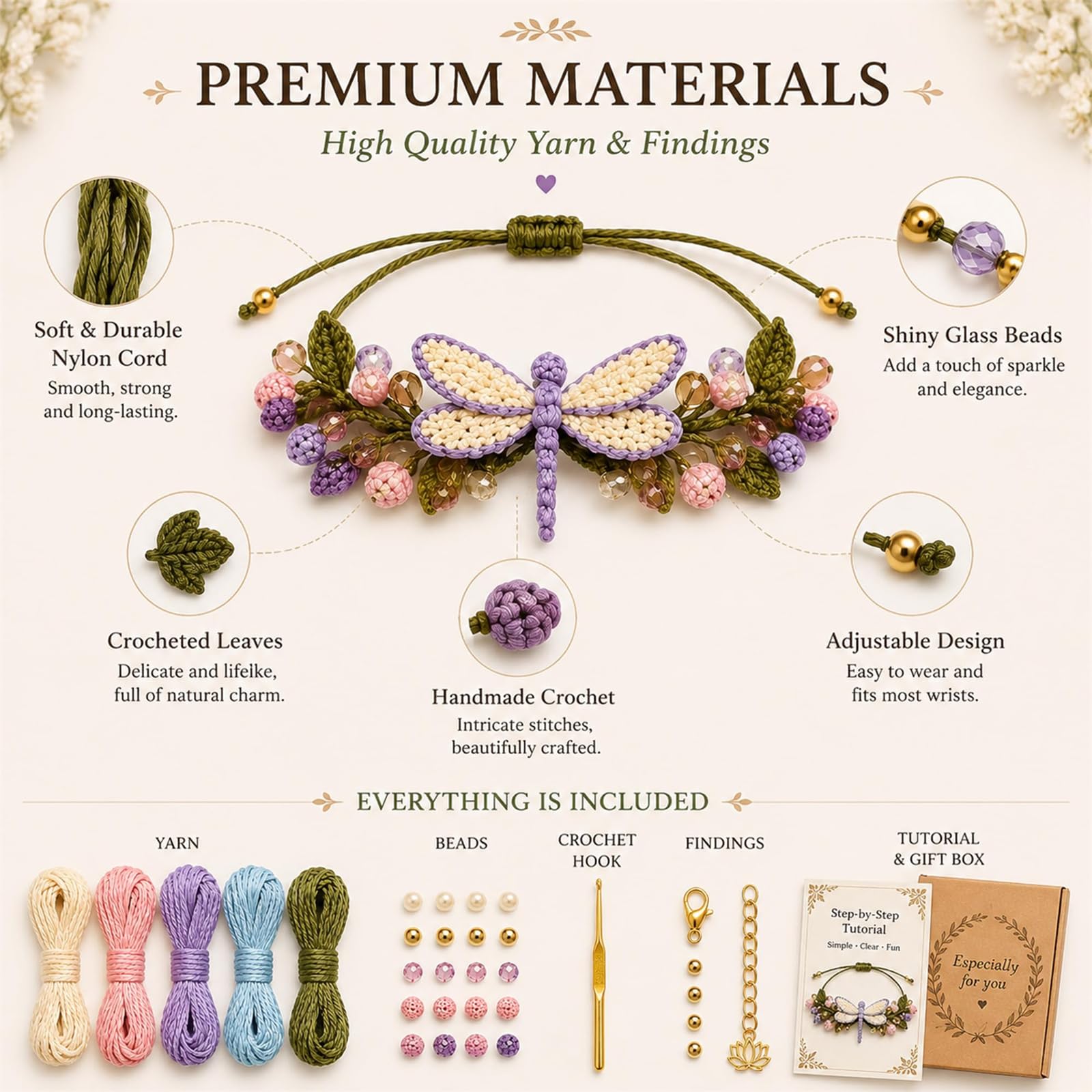 Generisch DIY-Set zum Häkeln von Armbändern, inspiriert von der Natur, kreatives Schmuck- und Bastelprojekt, inklusive Garn, Perlen, Perlen und Häkelnadel, für Freunde, Verliebte und Anfänger (#ALL)