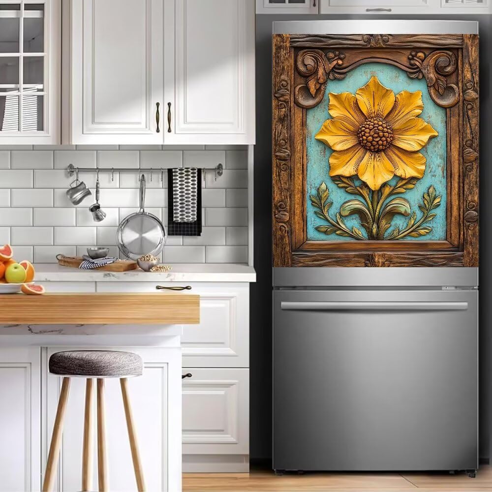 Vintage Wooden Sunflower Dishwasher Magnet Cover, Rustic Wood Turquoise Magnetic Refrigerator Door Cover Vinyl Decal, Floral Home Appliance Panel Sheet for Kitchen Decor Sticker, 23"x26"