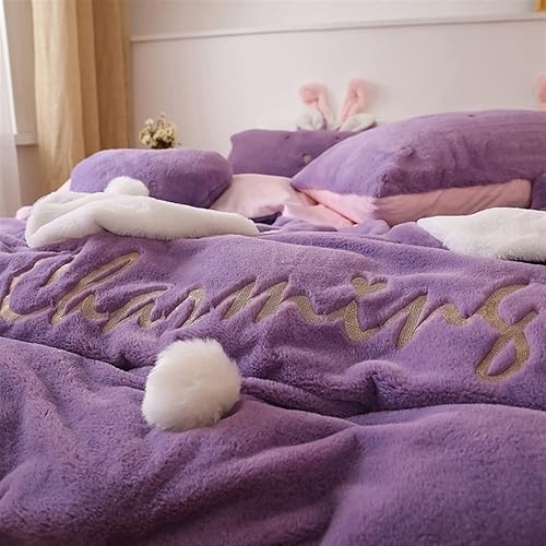 Miniatura 9 de Juego de funda de edredónjuego de ropa de cama suave de terciopelo polar con orejas de conejo, juego de funda de edredón de franela cálida, perfecto