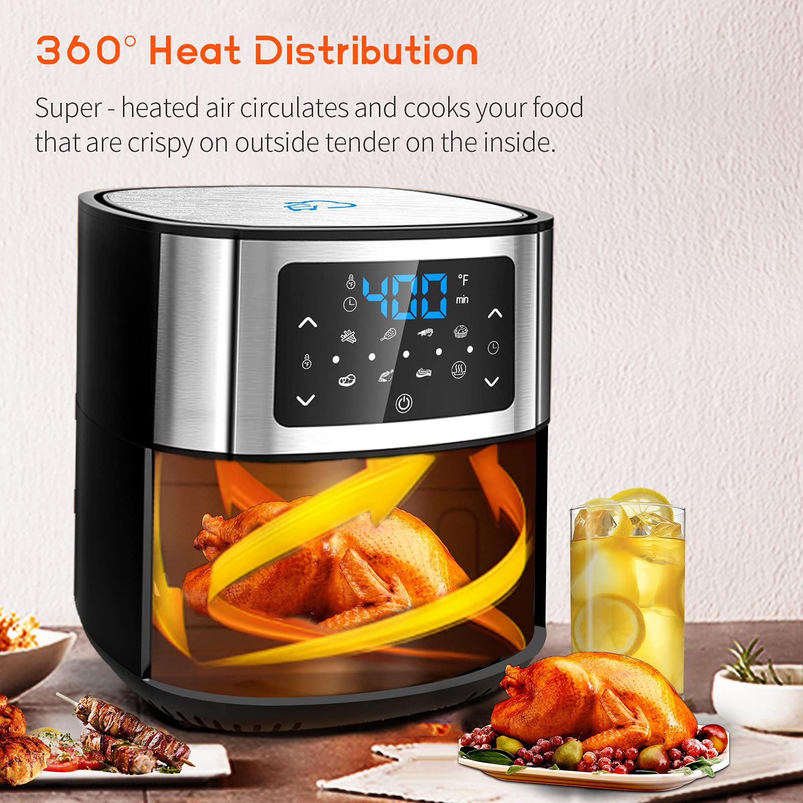 Amazon.com: COULDSTONE 氣炸鍋6 夸脫(約37.8 攝氏度至400 華氏度(約攝氏37.8 度至40.4 度)的熱烤箱電磁爐附LCD  簡易觸控螢幕不粘油炸機