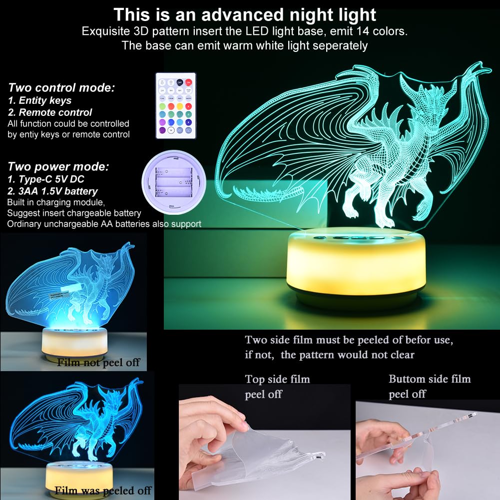 Veilleuse dragon pour garçons, cadeau dragon 14 couleurs + lumière de chevet LED blanc chaud, entité et télécommande/minuterie, jouets dragons, cadeaux d'anniversaire pour enfants et filles