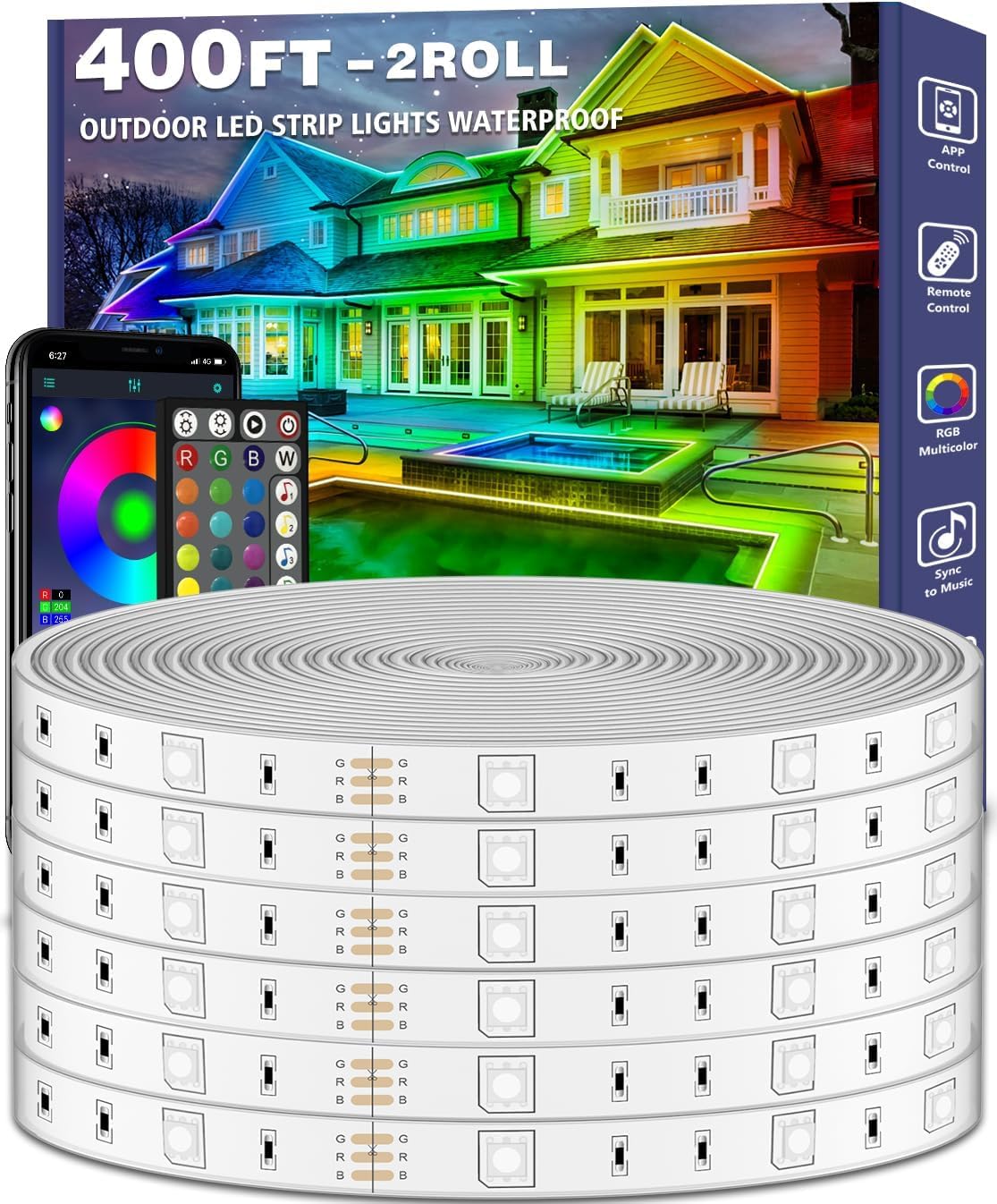 FBZ 120M/400ft Outdoor LED Strip Lights Waterproof,Music Sync RGB Exterior Led Rope Lights with Self Adhesive Back for Roof,IP68 Outside Led Light Strips 400FT-Outdoor