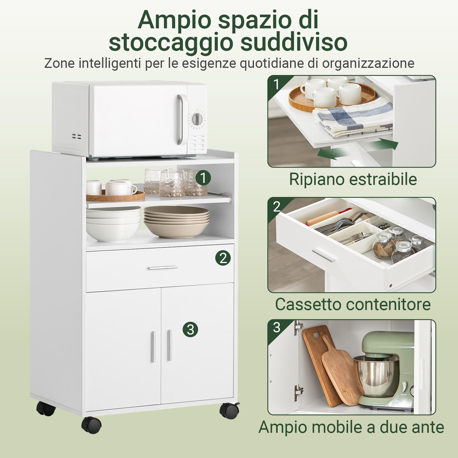 SoBuy Carrello Cucina con Ruote, Mobile Microonde con Piano Estraibile e Cassetto, Mobile Cucina Salvaspazio per Piccoli Ambienti, Cucina, Coffee Station e Soggiorno, Bianco 59×40×92 cm FSB09-W