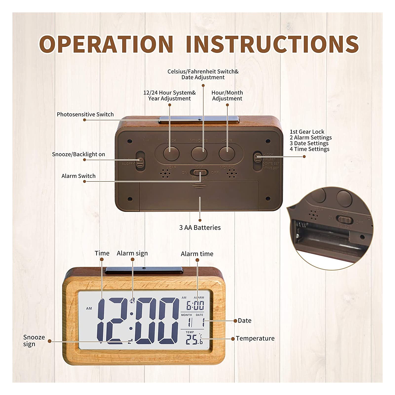 WTL Despertador Reloj de alarma digital Electrónica de madera Reloj de alarma con luz de fondo transparente, Sensor inteligente Luz de noche con snooze, fecha, temperatura, cubierta de roble macizo, o
