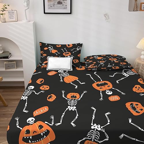 Miniatura 36 de Sábanas de murciélago tamaño individual – Juego de sábanas de Halloween para niños y niñas, juego de sábanas en blanco y negro, microfibra suave