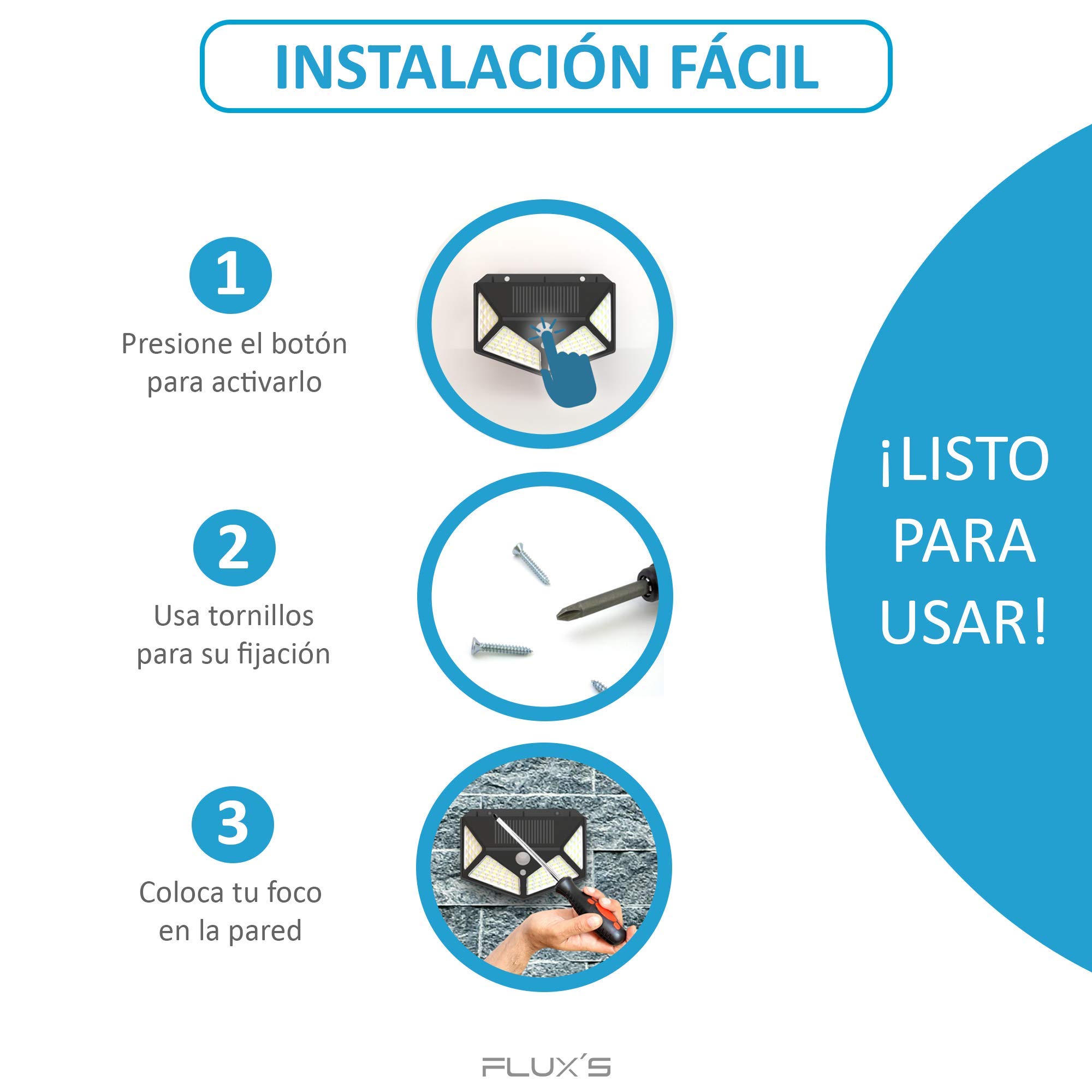 Luz Solar Exterior LED, FLUX'S, Foco Solar Exterior con Sensor de Movimiento, Impermeable e Inalámbrico, 3 Modos de Iluminación, Ángulo 270°, Para Jardín o Garaje - Pack de 2 uds