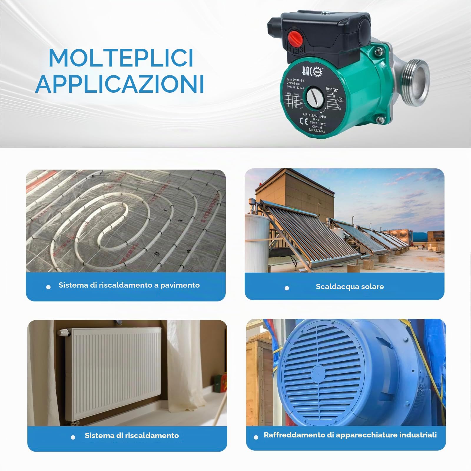 BACOENG Pompa di Circolatore Riscaldamento RS 25/6-180 Acciaio Inossidabile Pompa di Ricircolo Acqua Calda Sanitaria 220V/50 Hz