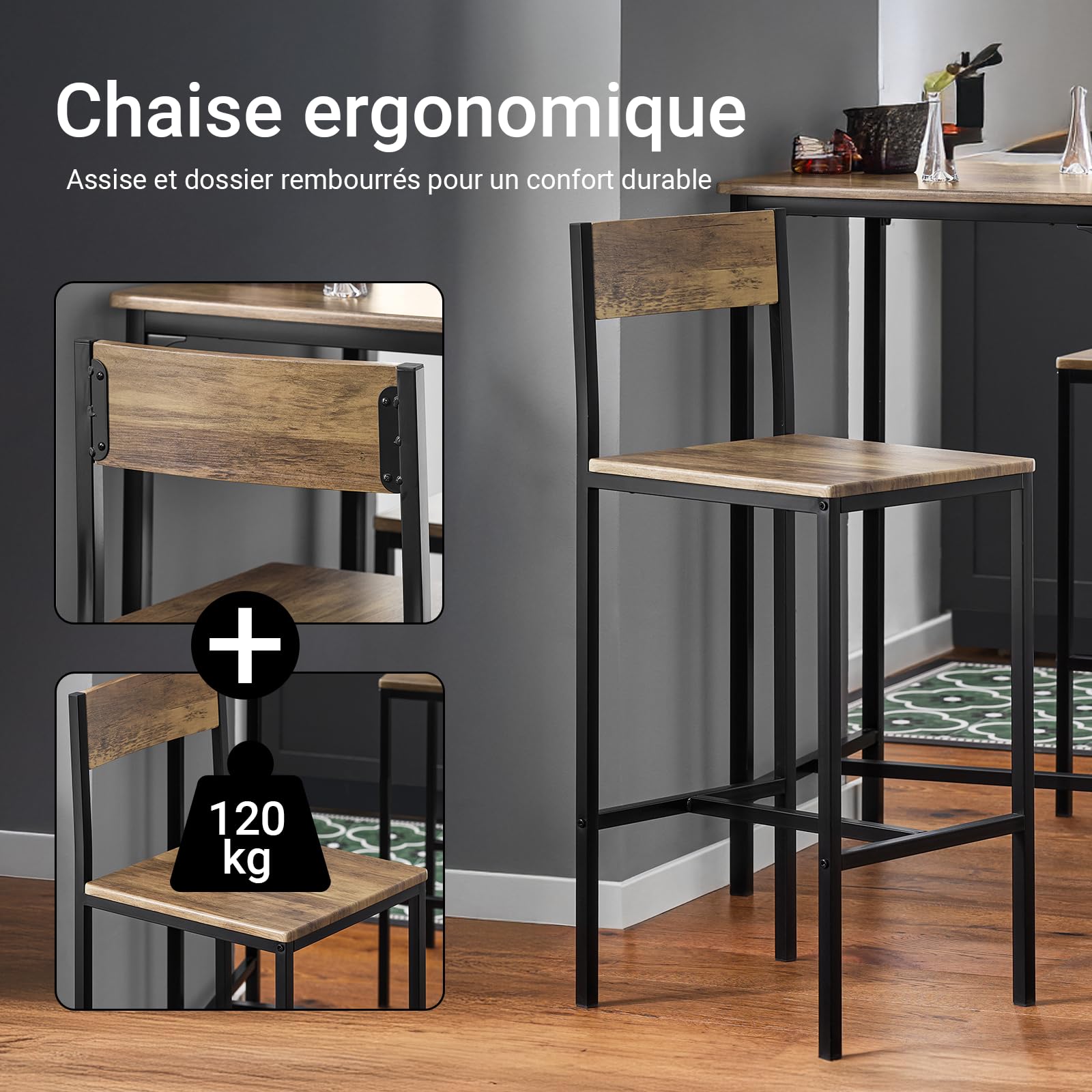 SoBuy Ensemble Table Haute Mange Debout Cuisine avec 2 Tabourets, Table de Bar Haute, Mange Debout avec Tabouret, Table Bar Cuisine, Table Haute Exterieur, MDF & Métal, Bois, OGT27-N