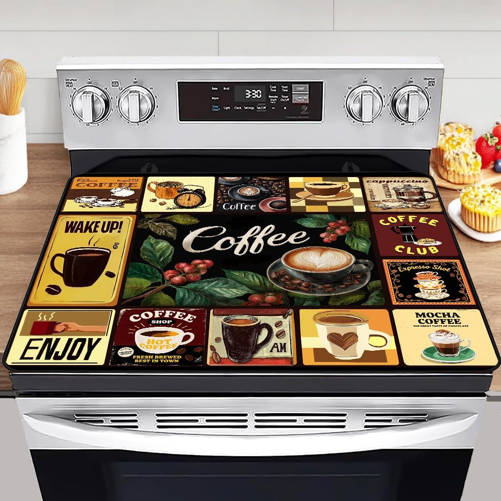 Retro Coffee Electric Stove Top Cover Protector,Cafe Bar Heat Resistant Glass Top Stove Cover Protector,Vintage Cafe Decor Glass Cooktop Covers,28.5”x 20.5”
