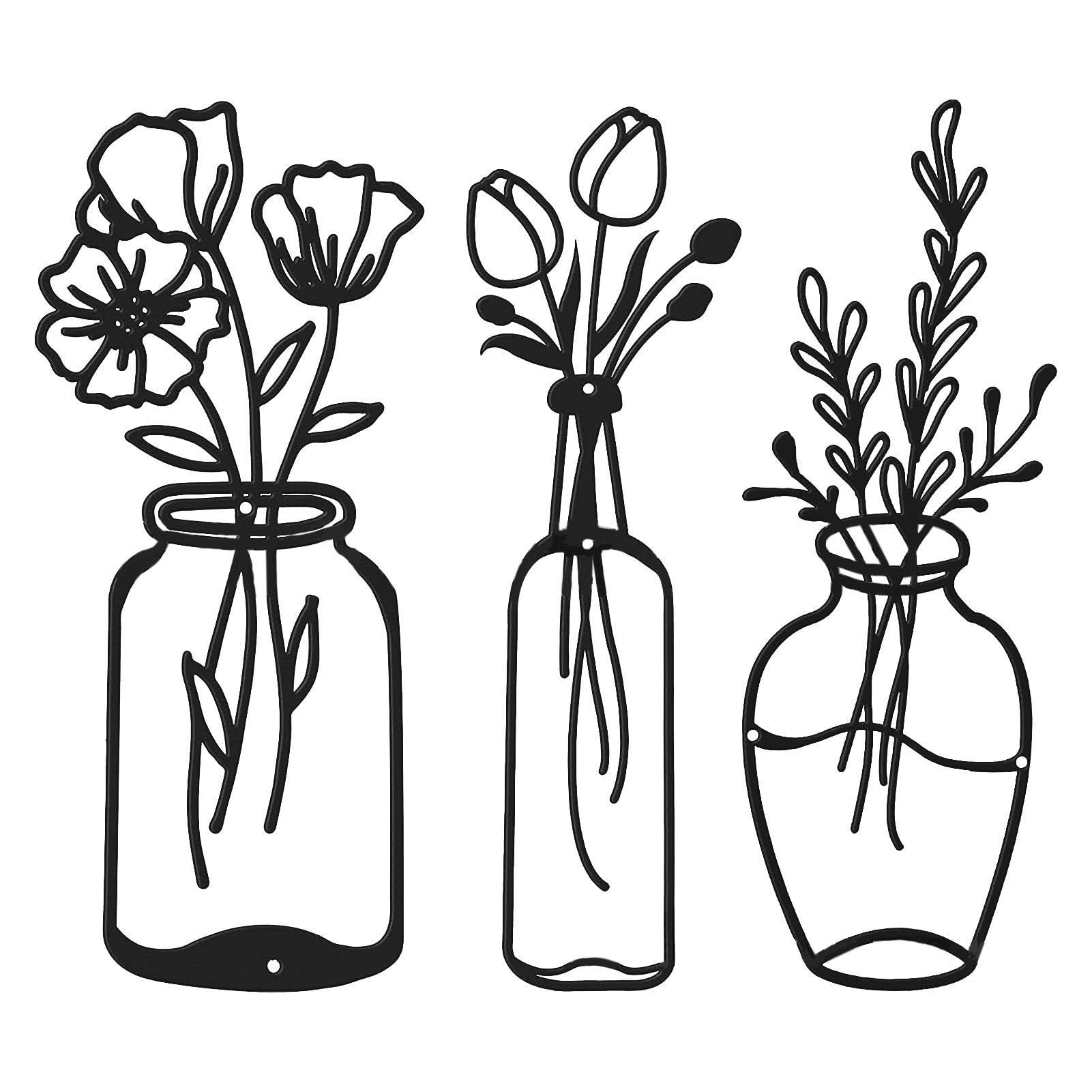 Emdvsco 3pcs Wrought Iron Vase Wall Decoration Metal Framed Flower Silhouette Ornament Flower Wall Art Sculpture Home House Kitchen Porch Livin Decors