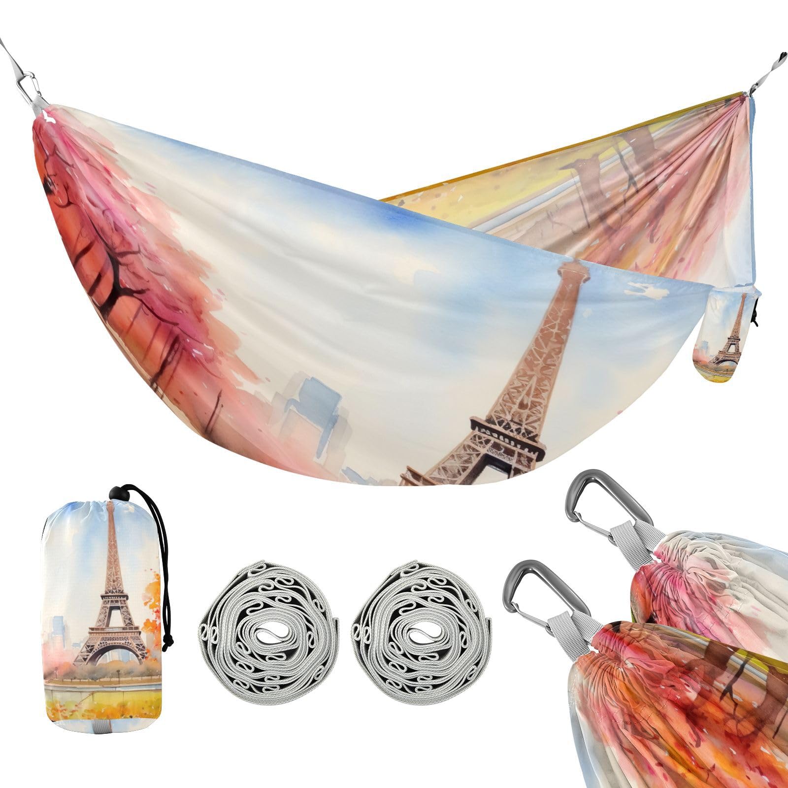 SDMKA Watercolor Painting French Camping Hammock, 330 lbs with 2 Tree Straps, Carry Bag, Single Portable Hammock for Outdoor/Indoor, Hiking, Beach, Backpacking, Travel