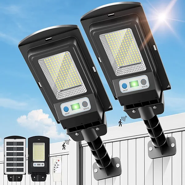 WYWNA Solar Lights Outdoor, IP66 Waterproof Motion Sensor Powered Solar Street Light, 6500K Dusk to Dawn LED Flood Light with Remote Control, Commercial Area Lighting for Yard Parking Lot (2 Pack)