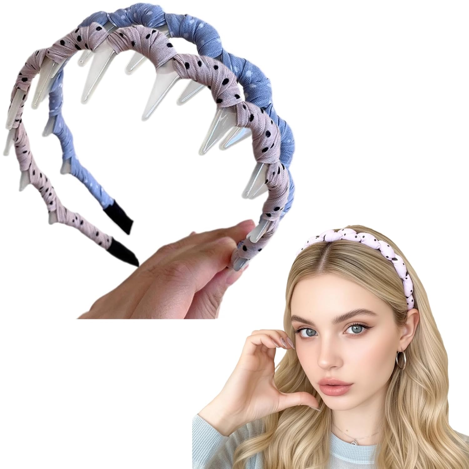 2026 U Shape Fashion Comb Headband, High Cranium Hair Comb for Women, Reversible Korean Hair Bands for Women,Polka dots Headband Gifts for Teen Girls(2PCS,Pink+Blue)