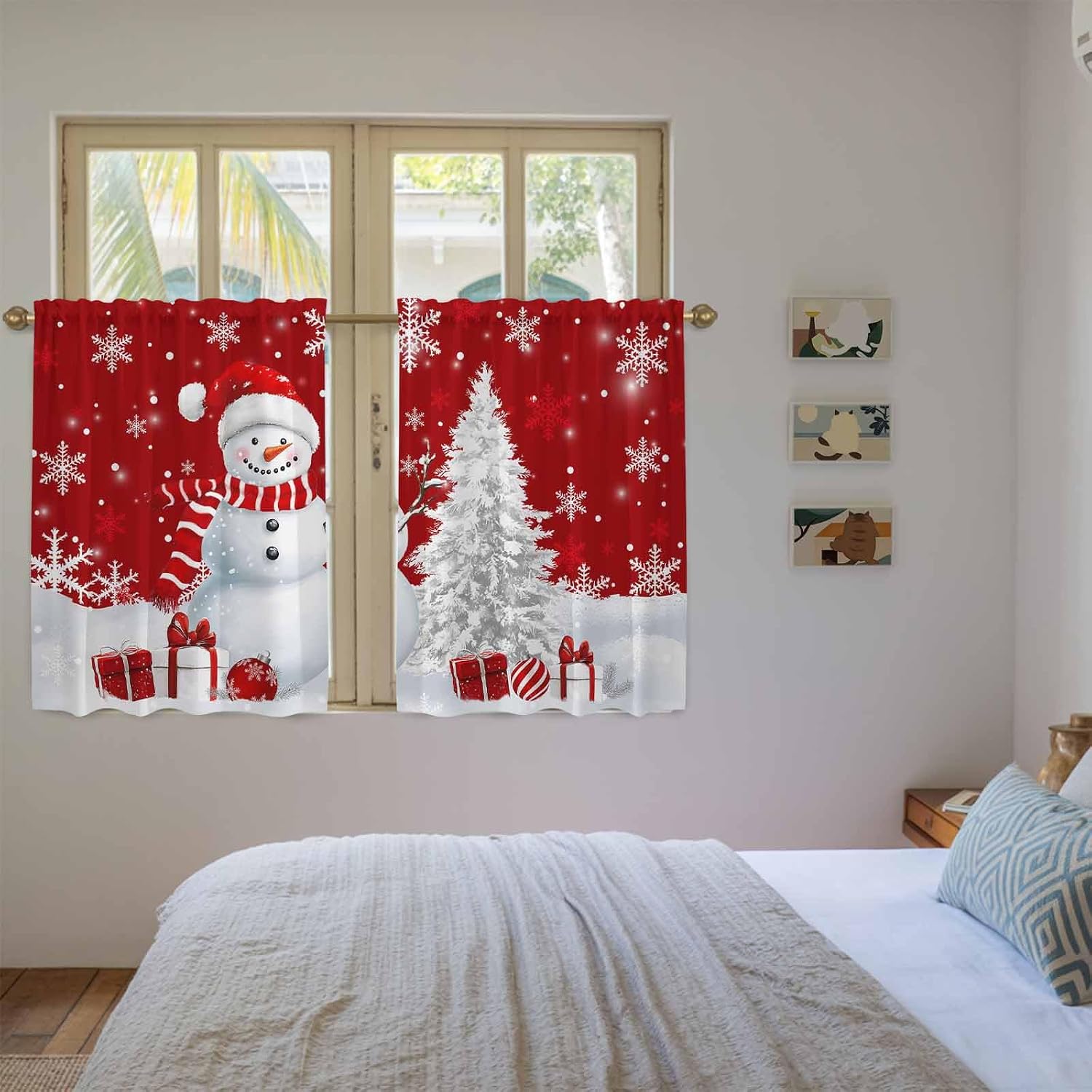 Red Christmas Kitchen Tier Curtains 45 Inch Long 2 Panel Set, Rod Pocket Short Window Treatment, Snowman Snowflake Gifts Xmas Tree Light Filtering Curtains & Drapes for Bathroom Basement 27.5"W x 45"L