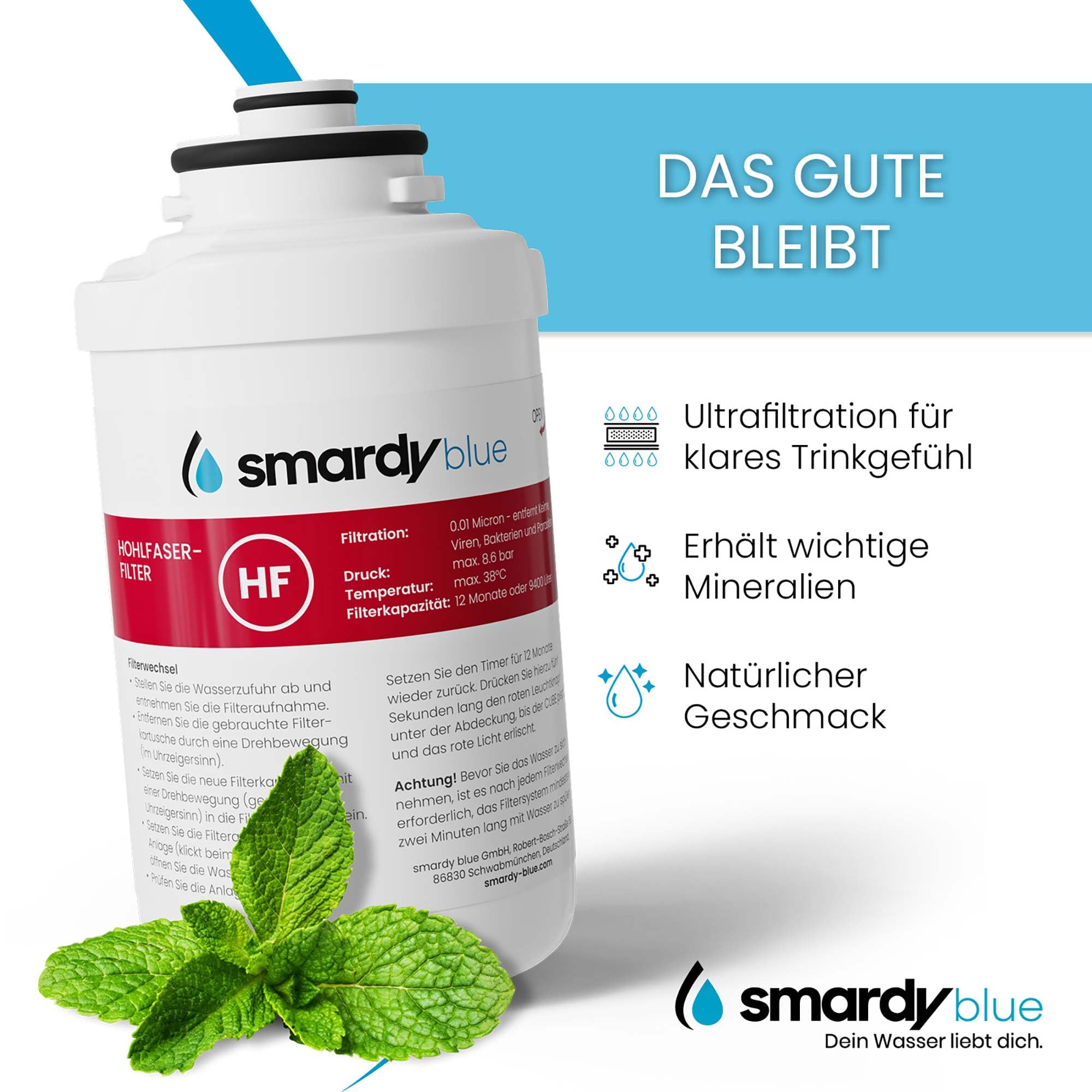 smardy blue Ersatzfilter für Quooker Cube (bis Modell 2021) – Ultrafiltration Hohlfaser-Membran 0,01 µm – 9400 Liter / 12 Monate – reduziert Bakterien, Viren & Mikroplastik