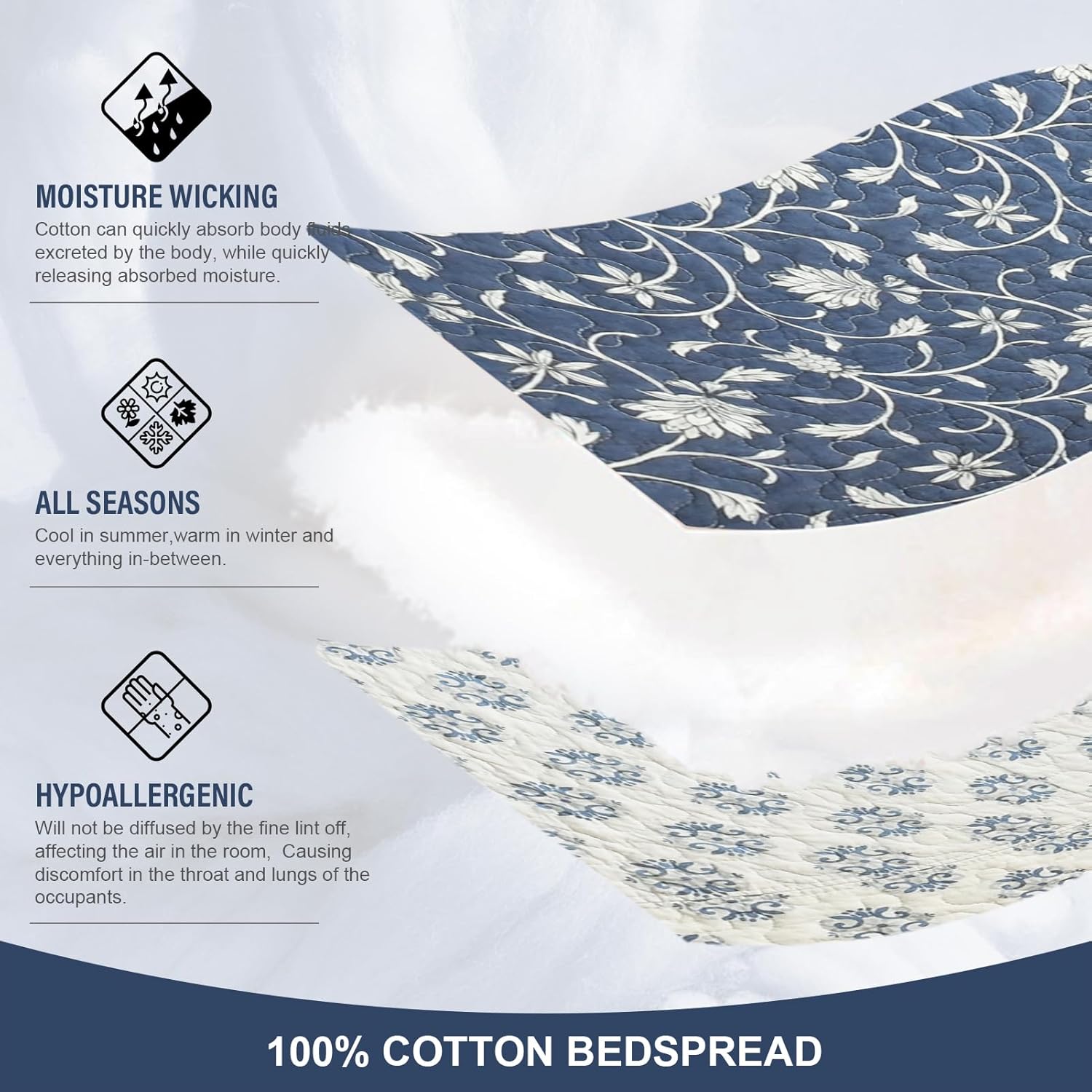 100% Cotton Oversized Quilt 128"x120", Extra Large Cal King Bedspread, Farmhouse Floral Bed Spreads Coverlet, Lightweight Quilted Bedding Cover, 3 Piece, Navy Blue/White - Image 5