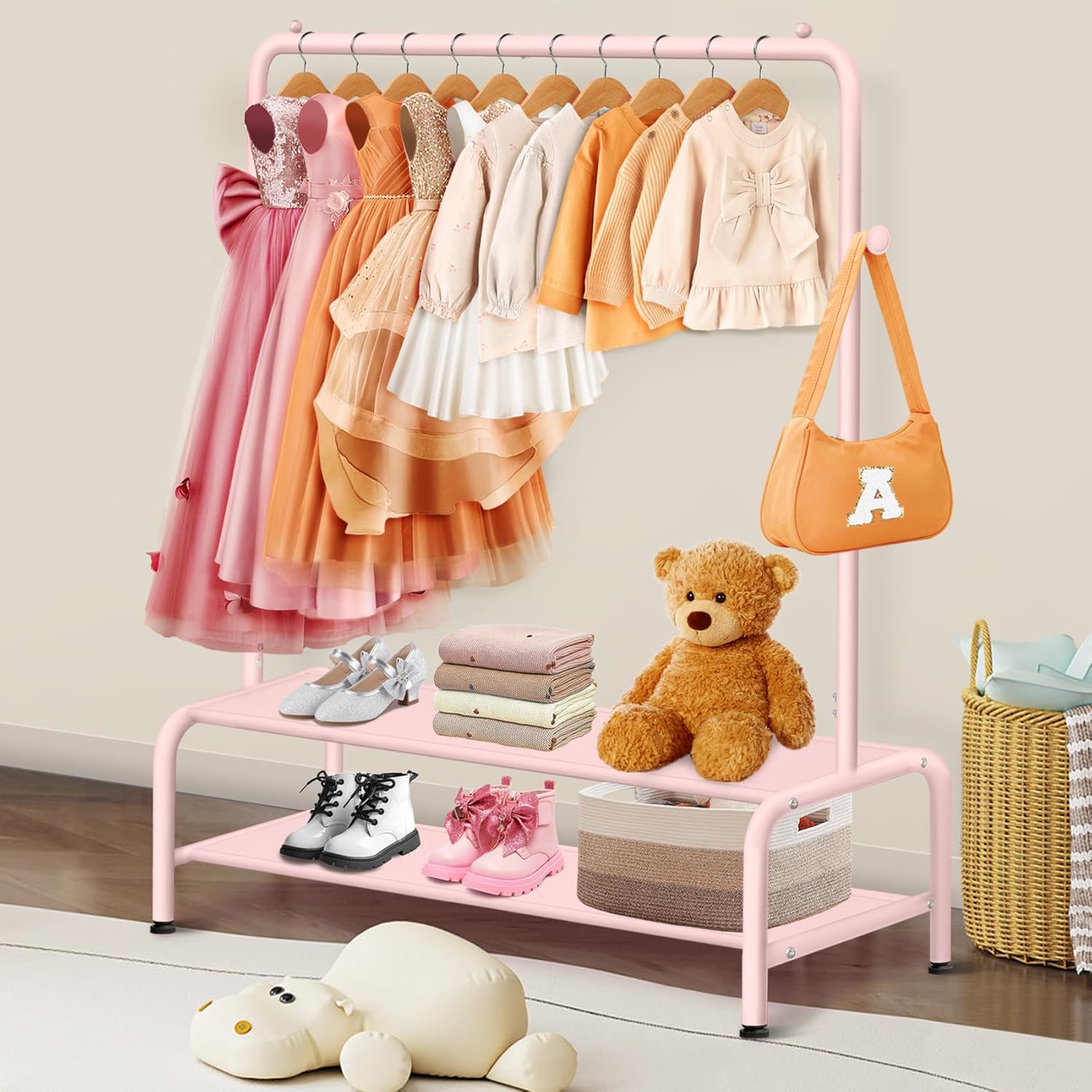 Kids Clothing Rack - Dress Up Storage - Dress Up Rack for Little Girls - Small Kids Costume Wardrobe with 2 Fabric Shelves - Princess Room Bedroom Decor