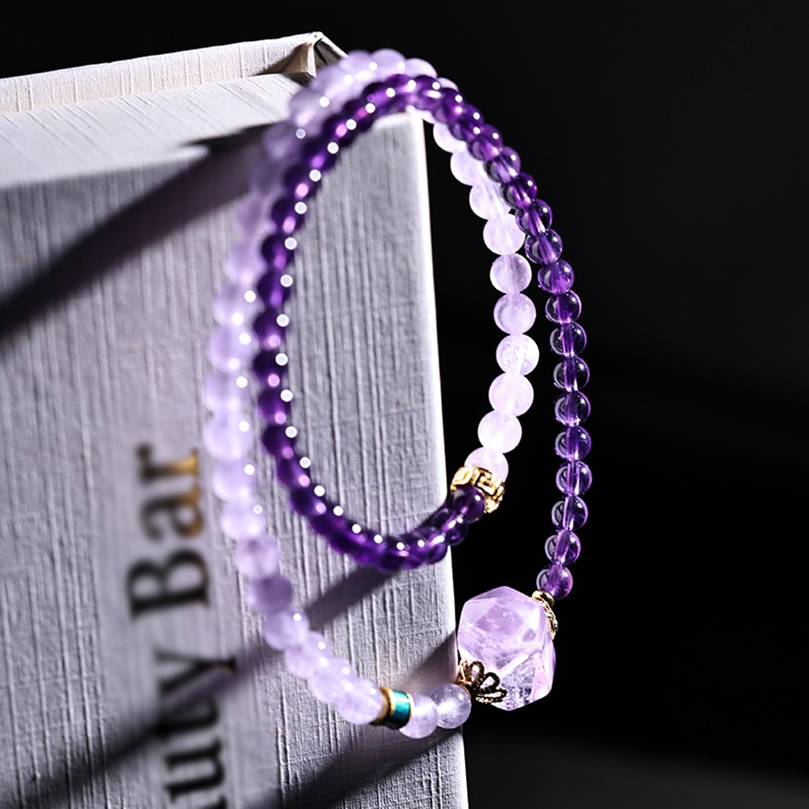 Bracciale con Perline di Cristallo Naturale, Cristalli con Pietre preziose, Gioielli con Perline, bracciali Elasticizzati Multistrato con Vera Ametista per Donne
