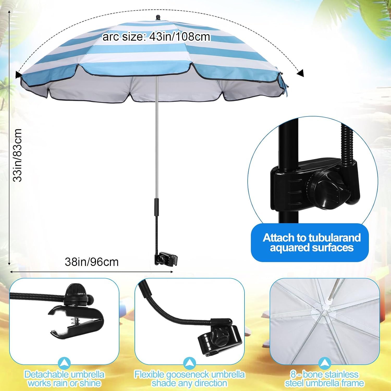 Karenhi 2 Set Reclining Beach Chair with Umbrella for Adult Folding Camping Chair with Foot Rest Adjustable Clamp Canopy Shade for Outdoor Patio Travel Beach Fishing Picnic