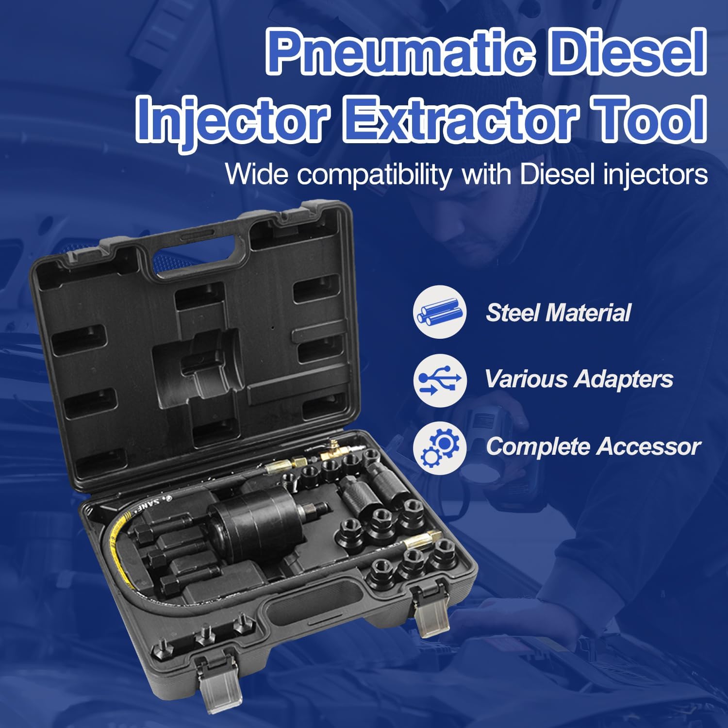 Angchun Pneumatic Puller Set for Injector, 22PCS Diesel Tools Pneumatic Injector Puller with Various Adapters, Pneumatic Diesel Injector Extractor Tool Diesel Injector Puller Set for Diesel Engines