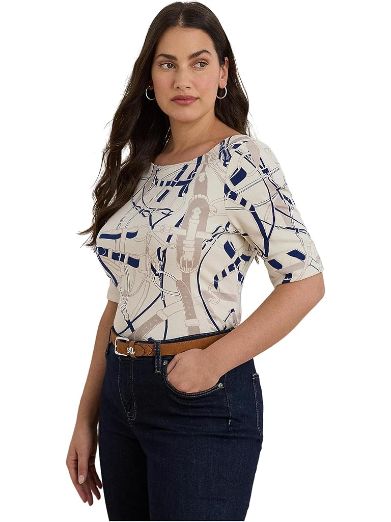 Multi Lauren Ralph Lauren Plus Size Belting-Print Cotton Boatneck Tee