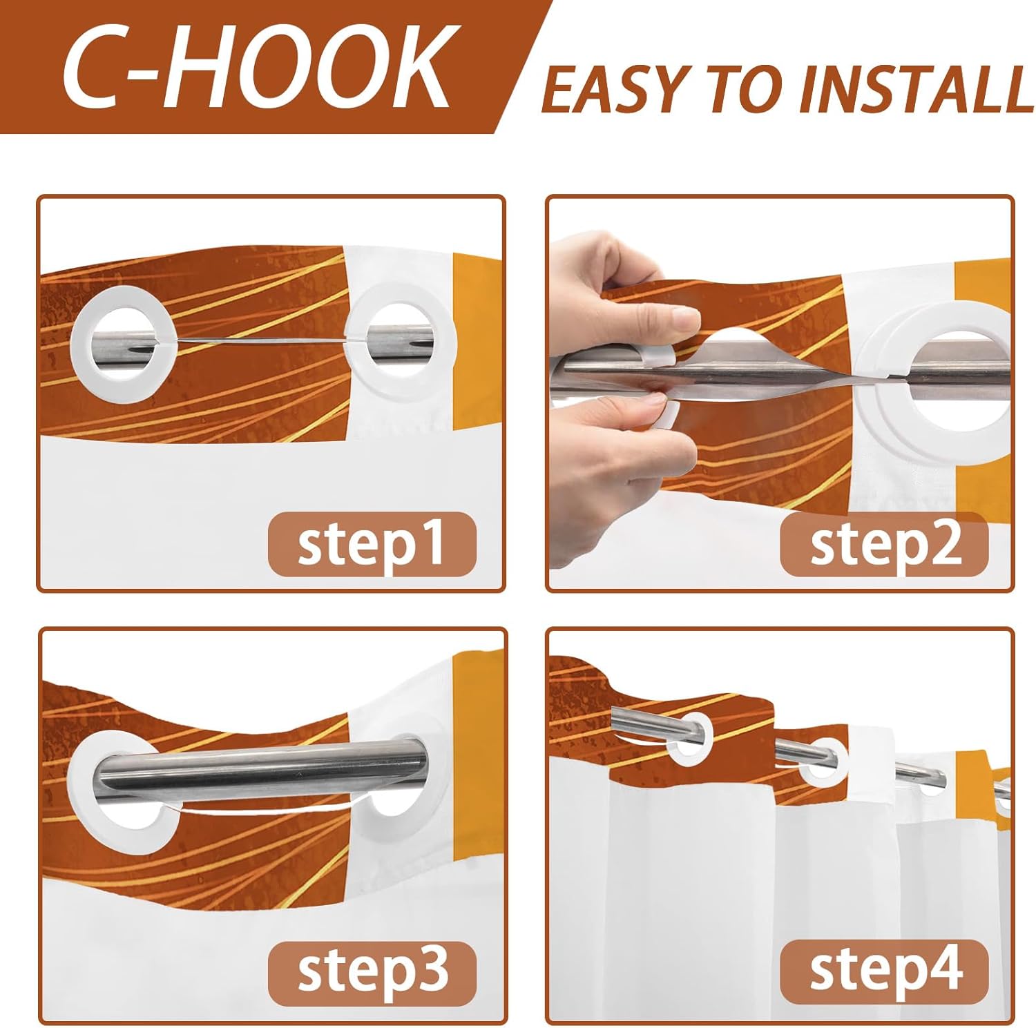 Modern Hookless Shower Curtain with Snap in Liner, Boho Orange and White Grey No Hook Shower Curtain and Liner Set, Ringless with Window Waterproof Cloth Fabric, 71" W X 74" L