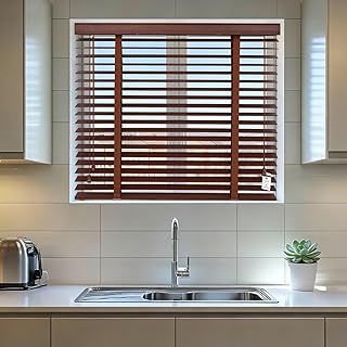 Cordless Room Darkening Venetian Blind, Solid Wooden Blind, Smooth Lift Operation, Wood Indoor Window Blinds for Windows, Doors, Campers, Privacy(Brown)