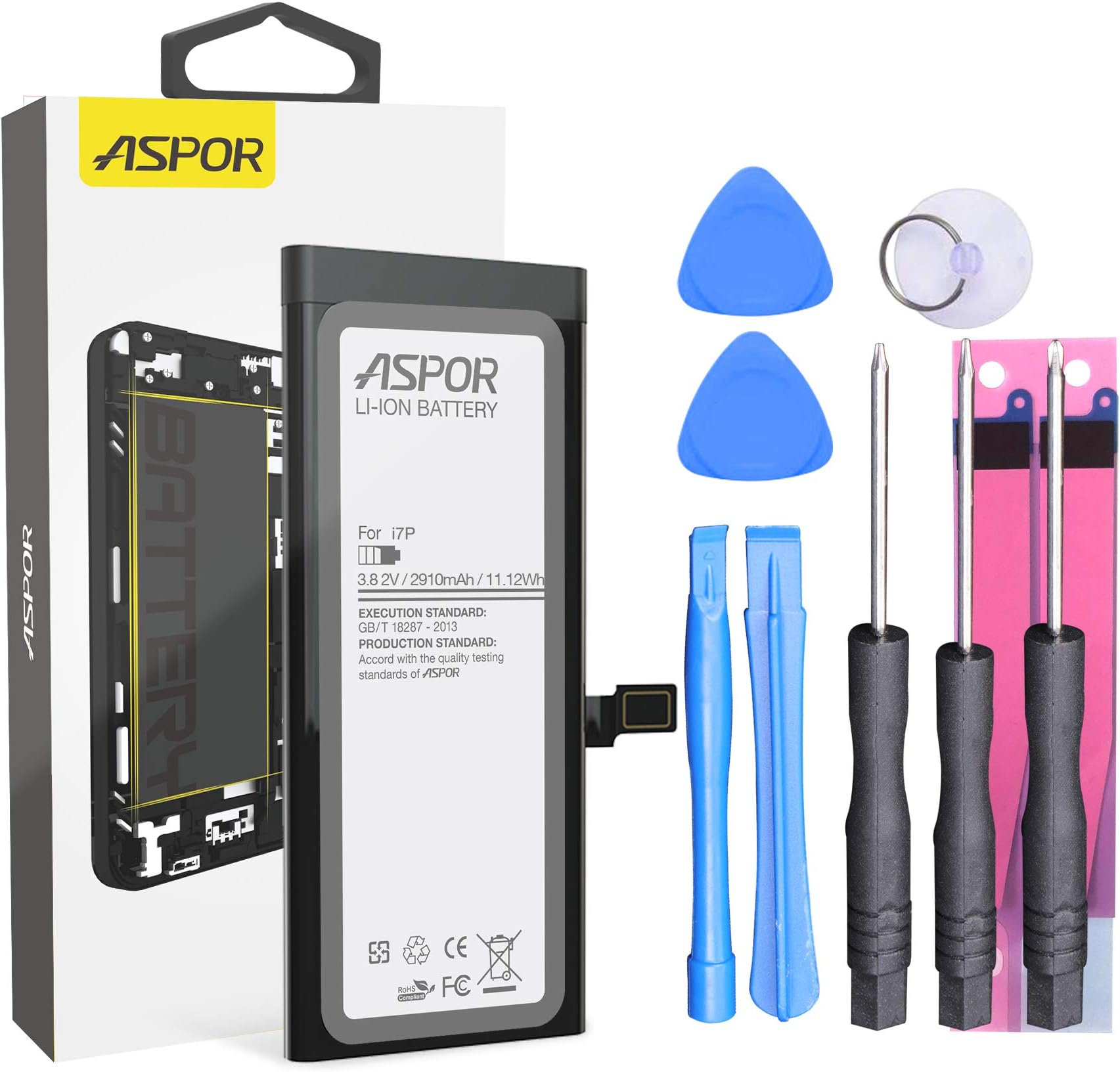 ASPOR Battery Replacement Compatible with iPhone 7 Plus, 2910 mAh Battery for iPhone 7 Plus with Complete Repair Tool Kits & Adhesive Strips