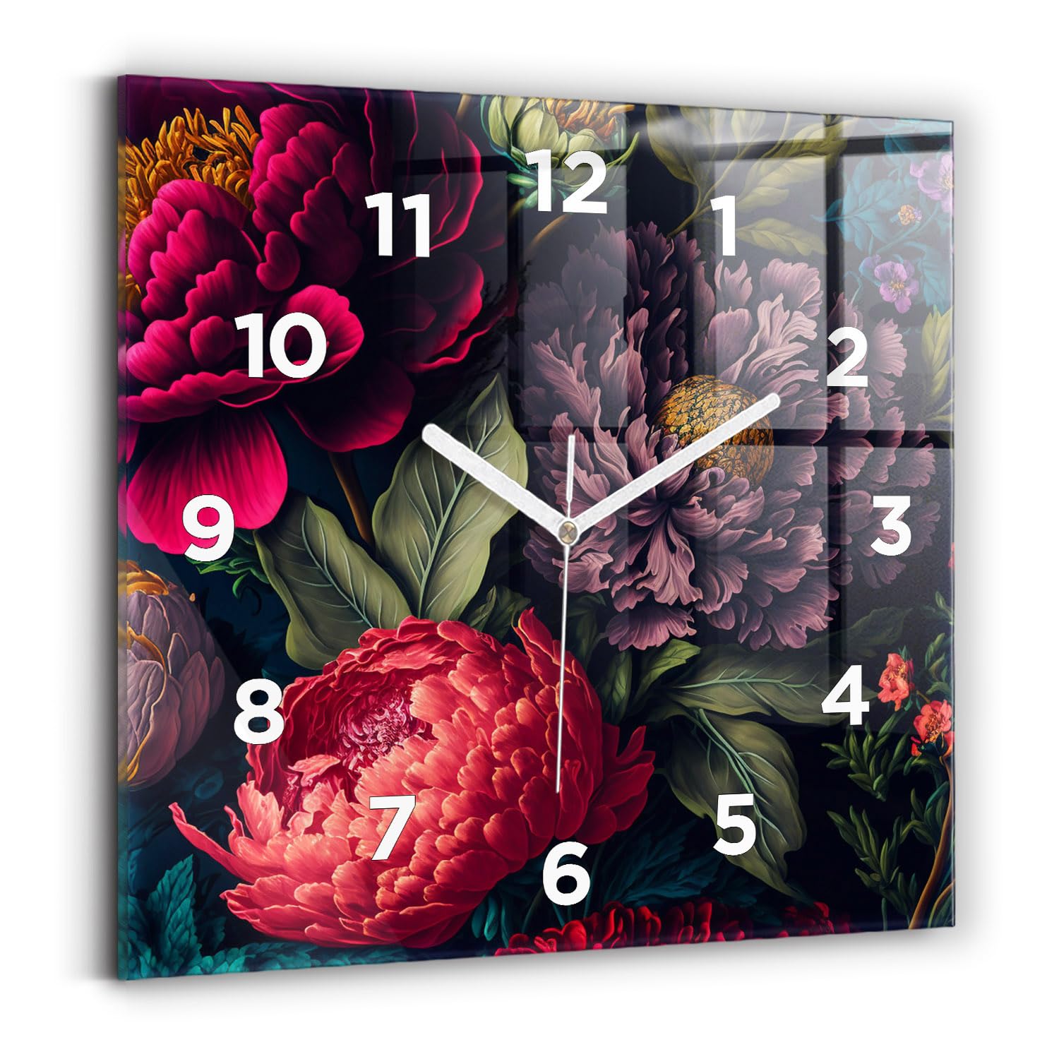 Horloge murale mains blanches silencieuse 30x30 cm avec cadran fleuri