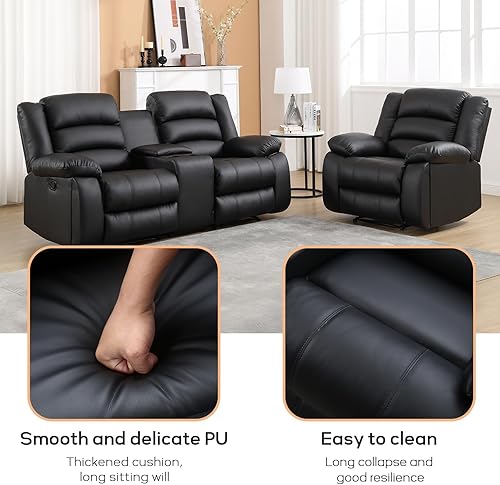 Miniatura 3 de EBELLO Juego de sofá reclinable manual de piel sintética, silla reclinable, sofá biplaza, color negro