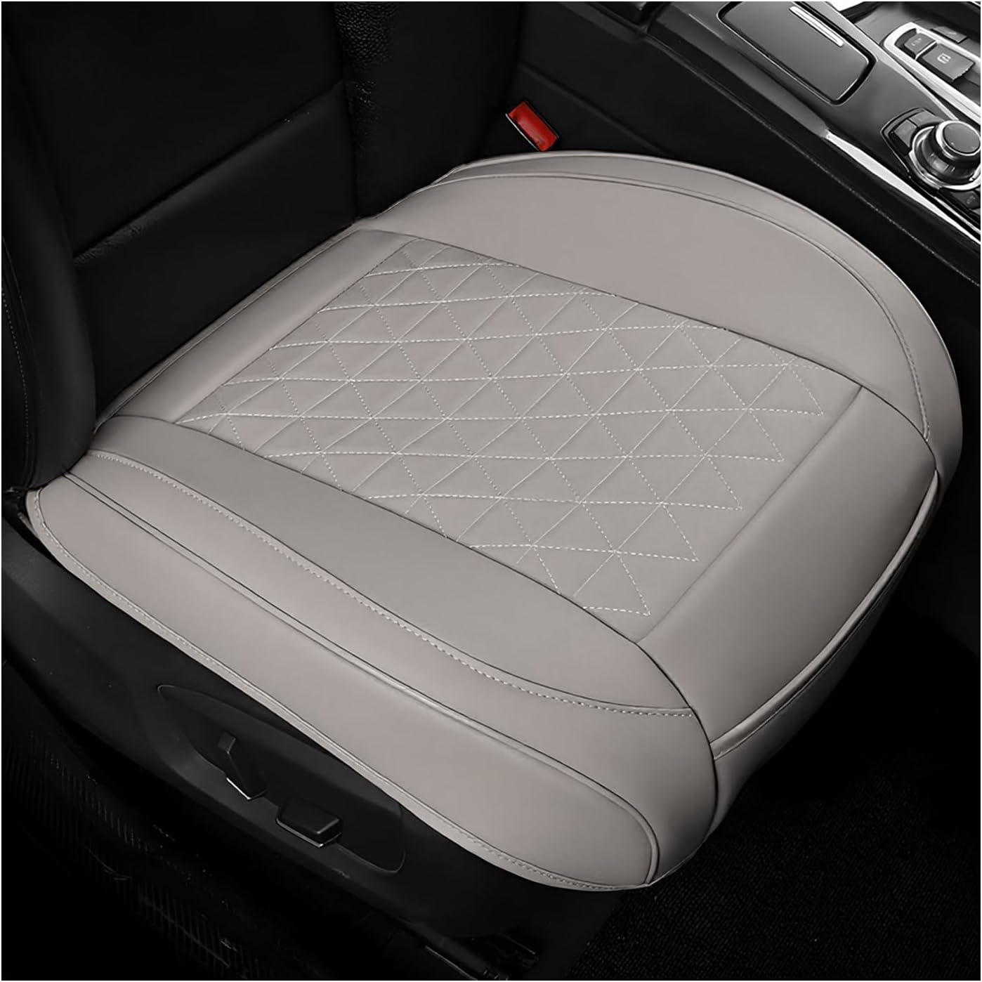 Car Front Bottom Seat Cover, Leather Full Wrap Driver Seat Cushion Pad with Storage Pocket, Anti-Slip Triangular Pattern Front Seats Protector for Most Cars Trucks SUVs (Black)