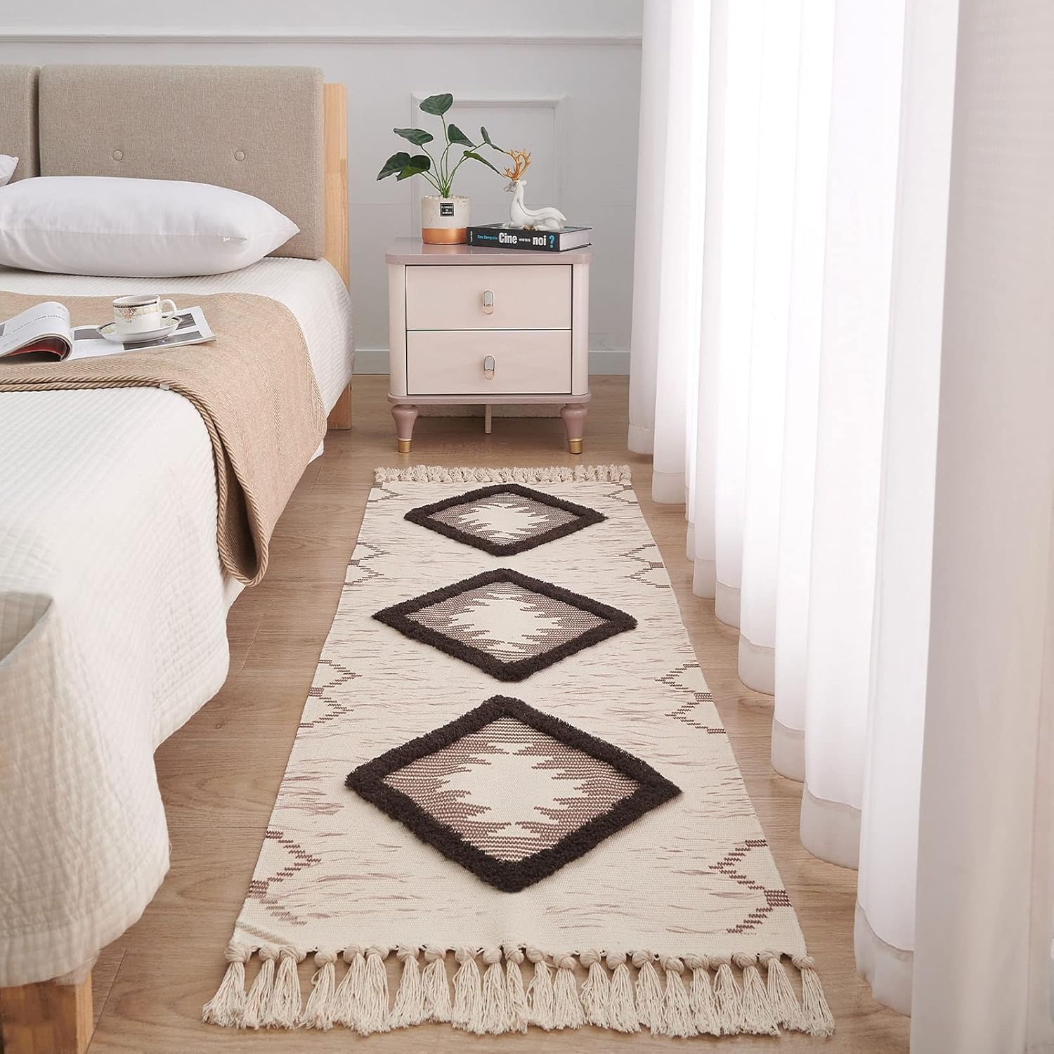ALSTONIA Hand Woven Tufted 100% Natural Cotton Export Quality Designer Rug,Carpet, Bed Side Runner with Tassels for Bedroom,Living Room, Size-2x5 feet or 60 cms x 152 cms, (White & Brown) (Design B) (B0DGGQGJZ6) Amazon Price History, Amazon Price Tracker
