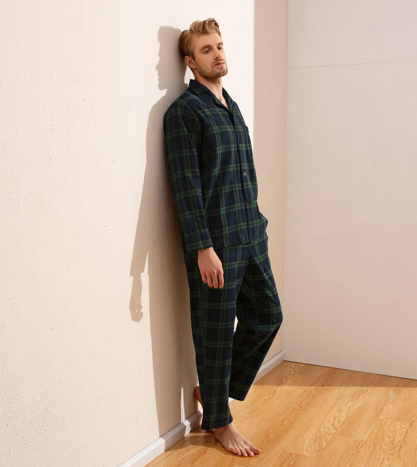 LAPASA Completo Pigiama Uomo in Flanella 100% Cotone, Pigiama a Quadri con Maglia e Pantaloni Lunghi, Tasche e Coulisse, Set Notte Uomo M95