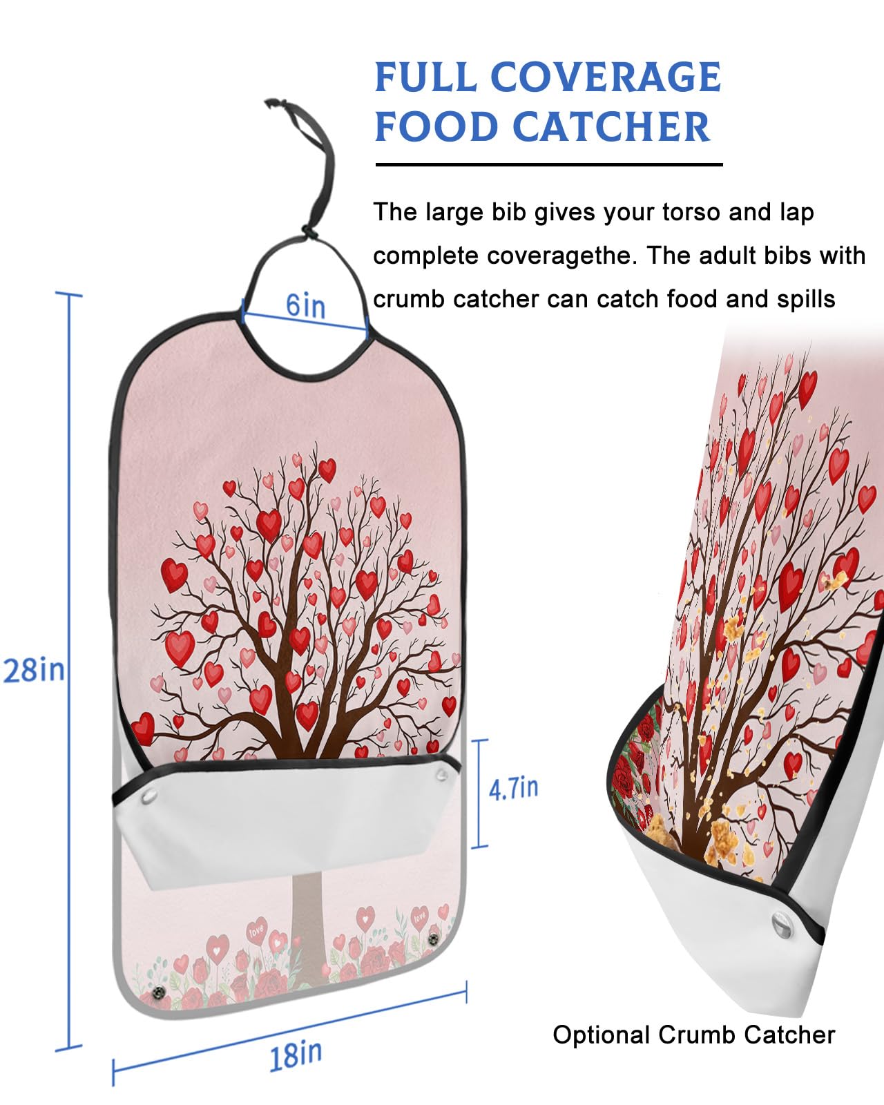 Valentine's Day Adult Bib for Eating with Crumb Catcher,Washable & Waterproof Terry Cloth Adjustable Elderly Women Men Adult Bibs Funny Apron Clothing Protector Red Pink Love-Tree Saint Rose Flower