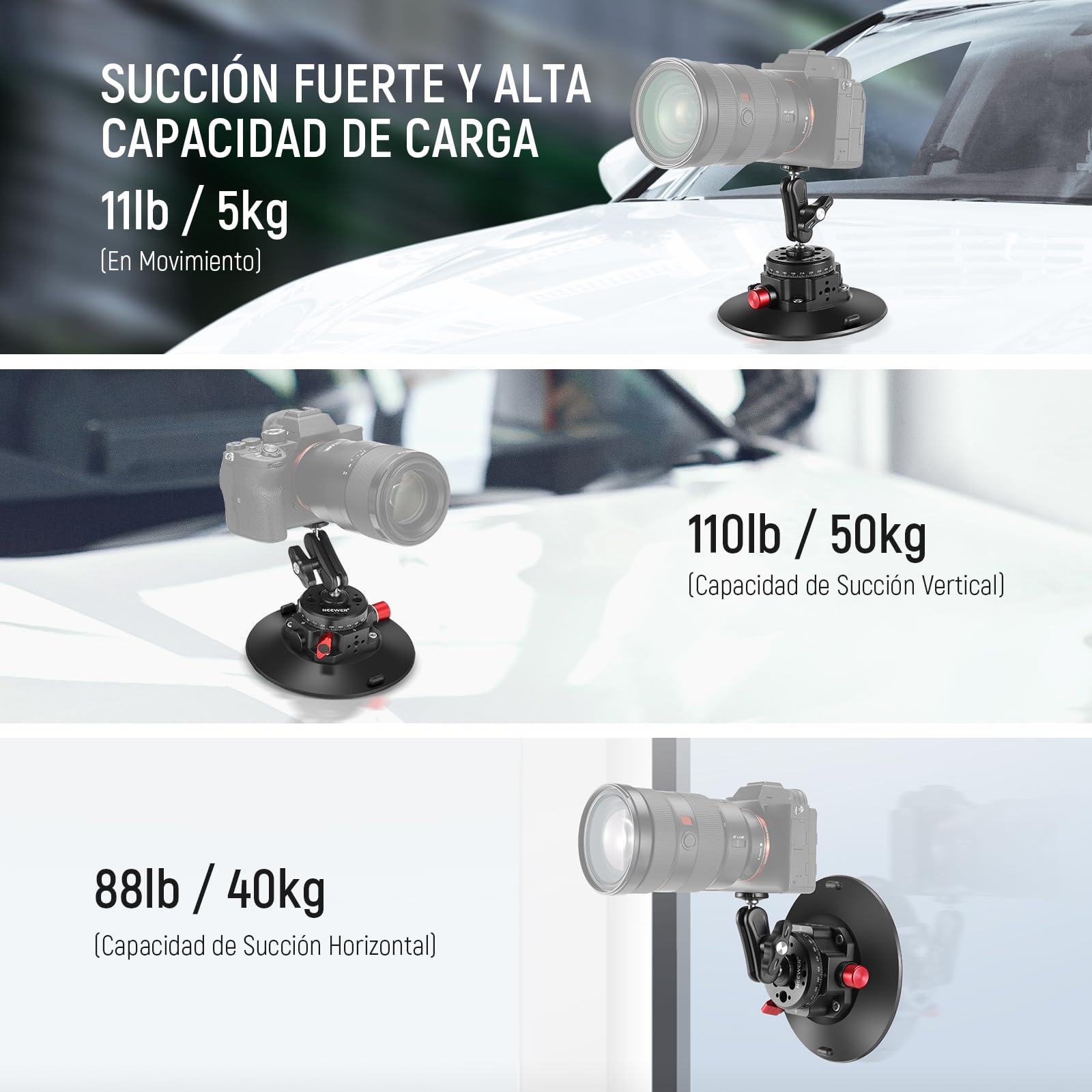 NEEWER 6"/15.2cm Soporte Ventosa Cámara con Brazo Mágico Cabezal Esférico, Metal Suction Cup Mount Parabrisas Coche, Ideal para Action Camera/Phone Holder con 1/4" & 3/8" Orificios para ARRI